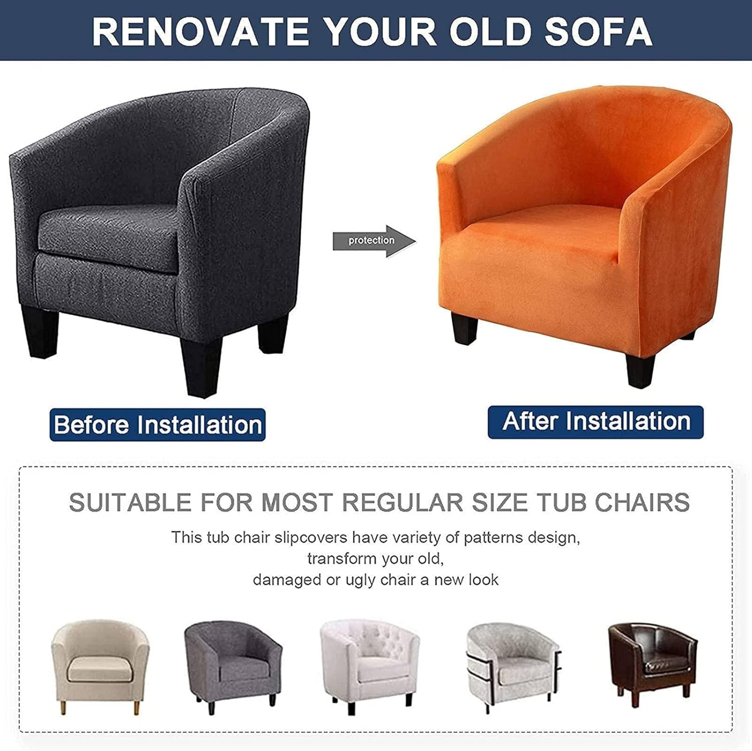 Velvet Club Chair Covers Set of 1/2/4/6, Stretch Tub Chair Cover Non Slip Armchair Chair Slipcovers Elastic Sofa Cover Furniture Protector for Living Room (Color : Orange, Size : 6 pcs)