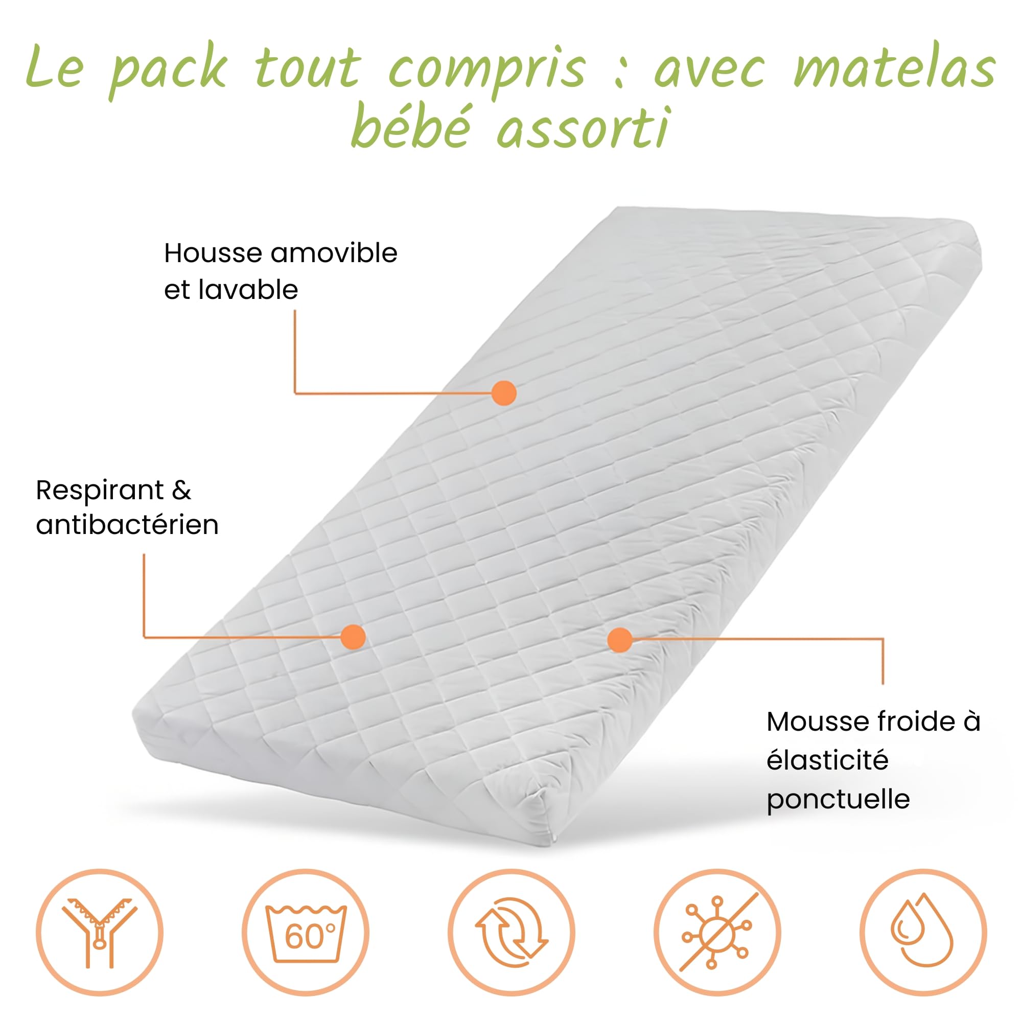 Lit Bébé 60x120 cm Lit à barreaux Évolutif Set Complet avec Matelas et Sommier 3 Hauteurs Tiroir, Barreaux Amovibles | Pin Massif Blanc