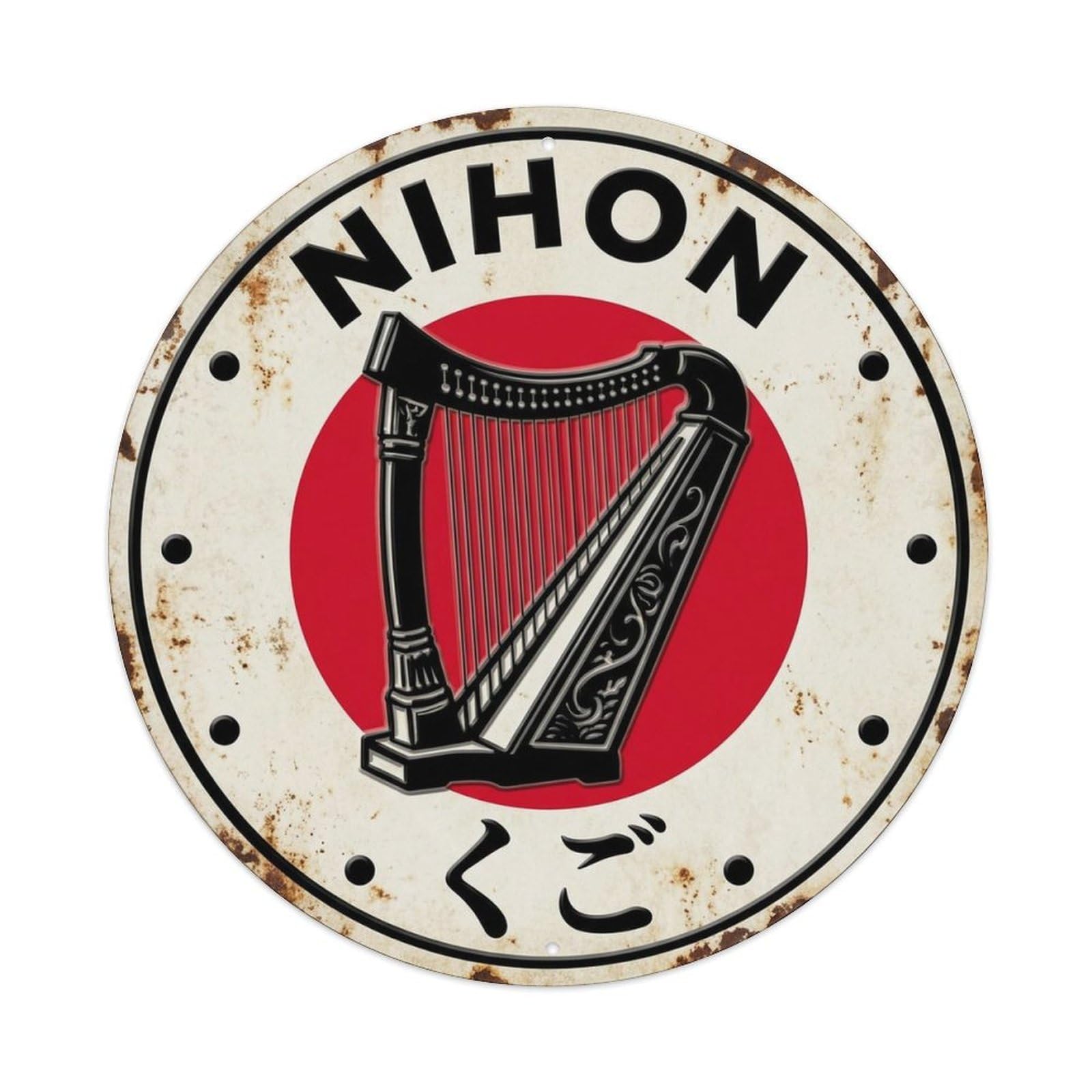 Kugo Harp Nihon Ancient Strings Weathered Folk Token Metal Tin Sign Plaque Wall Decor for Cafe, Man Cave, Club Bar, Office, Home Garden Round Metal Poster 8x8Inch