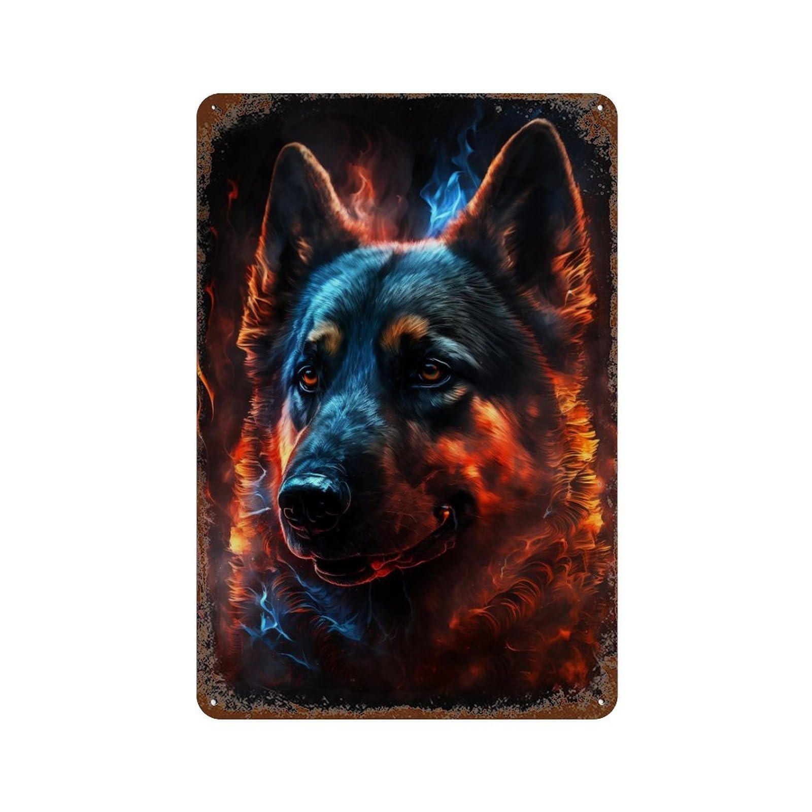 Flaming Wolf Art Print Vintage Rust Metal Sign 11.8"x7.9", Ideal for Bistro, Counter And Cafe Decor