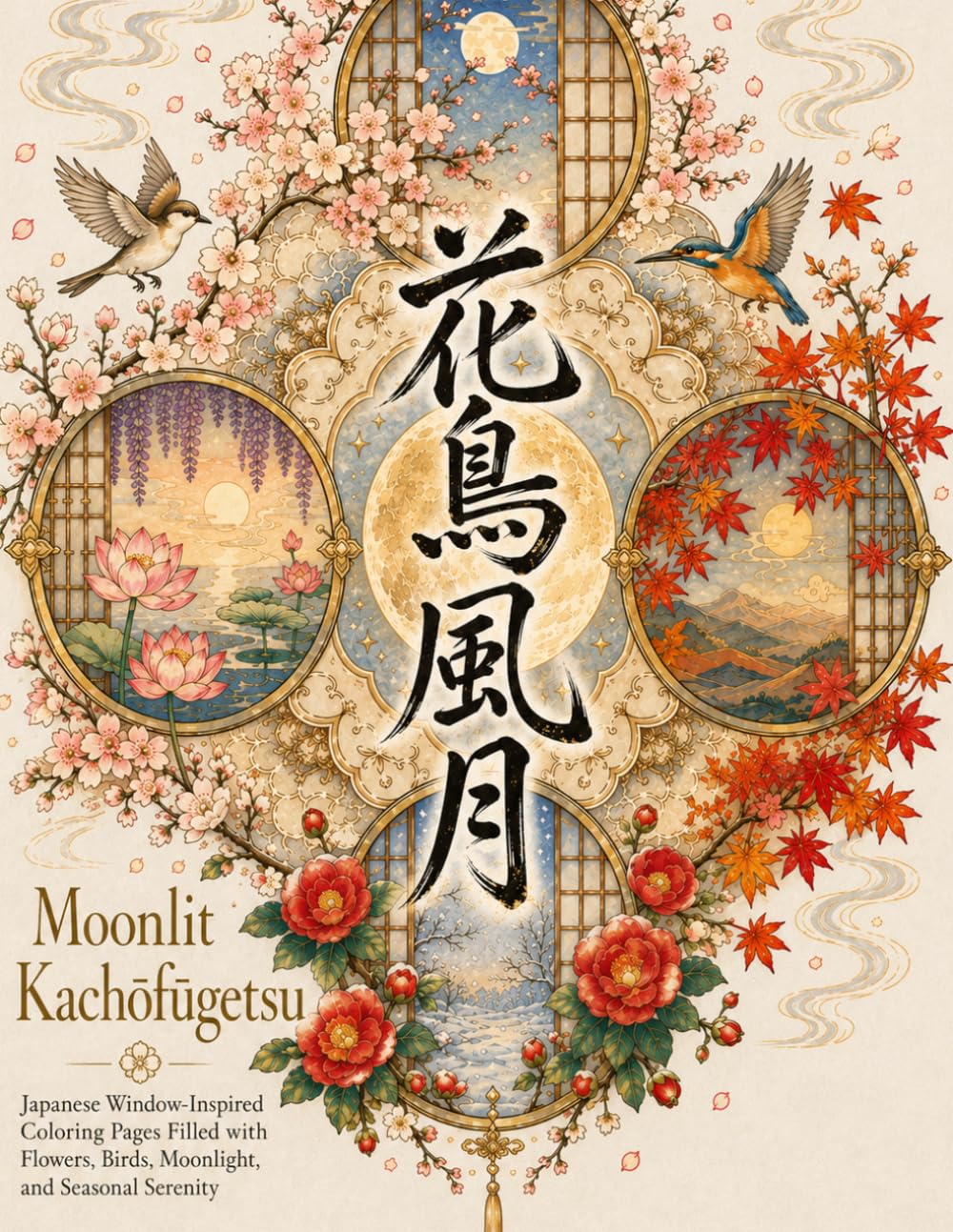 花鳥風月　Moonlit Kachōfūgetsu: Japanese Window-Inspired Coloring Pages Filled with Flowers, Birds, Moonlight, and Seasonal Serenity