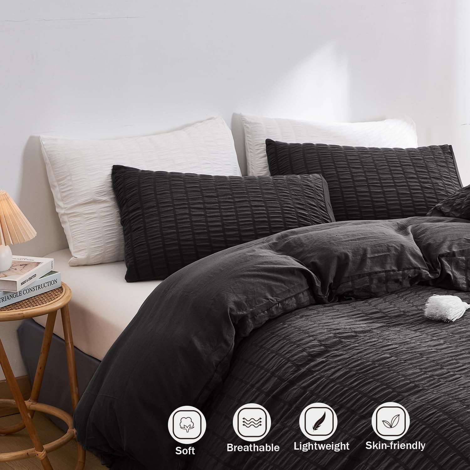 DuShow King Size Duvet Cover Set, Textured Black, Seersucker Pattern, Soft Breathable Bedding With Zipper - Image 3