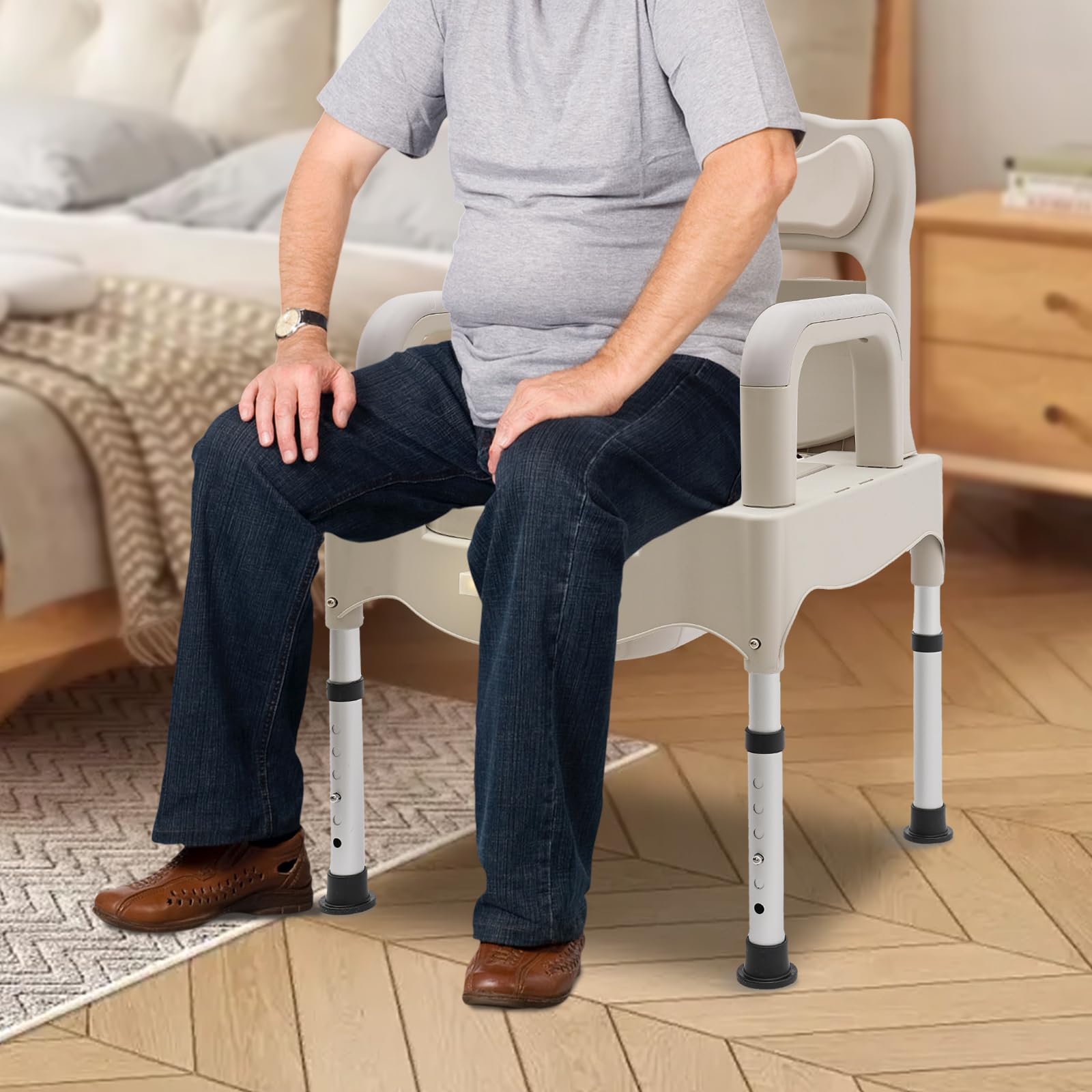 Silla de ducha multifuncional con ruedas para inodoro hasta 250 kg, altura regulable, silla de inodoro, silla de comedor, asiento de inodoro para ancianos y discapacitados
