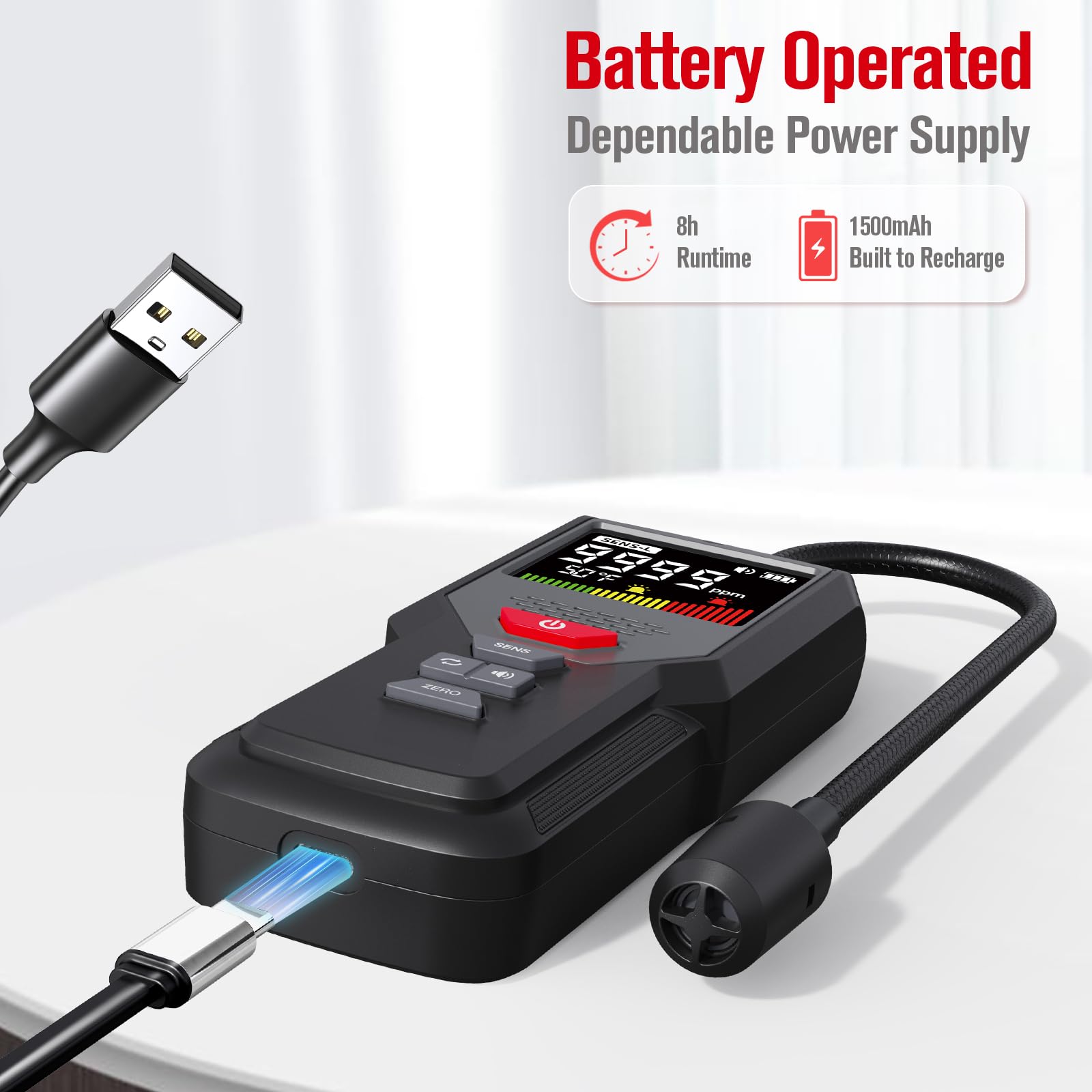 Detector de fugas de gas natural, medidor de propano con cuello de cisne para el hogar, probador portátil alimentado por batería recargable, monitor de alarma visual audible a gas LP