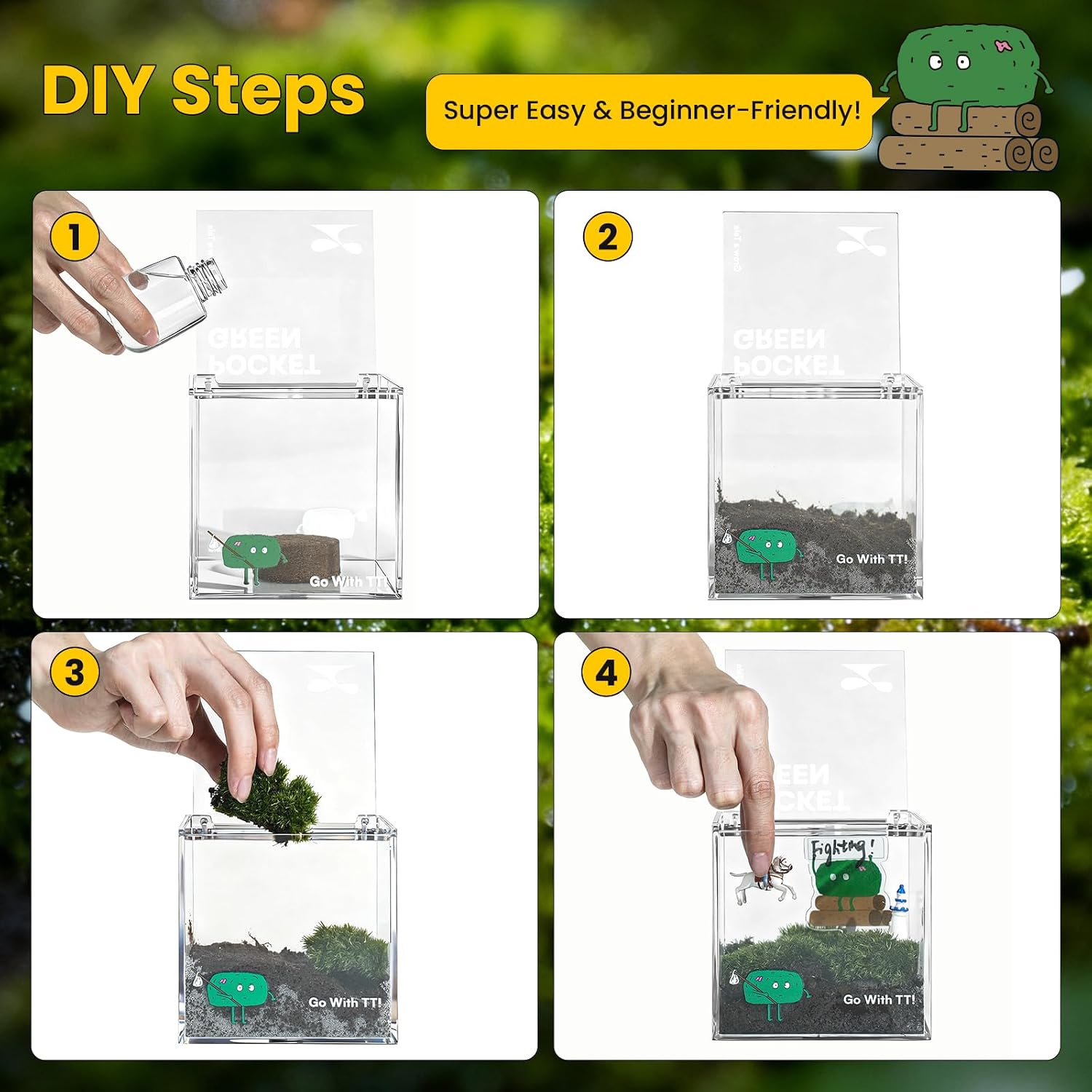 DIY Moss Terrarium Kit, 4 * 4 * 4 inch Acrylic Cube Mini Garden with Live Star Moss, Soil, Halloween Party-Craft Kit for Adults and Teens, Relaxing Desk Decor & Unique Gift for Home or Office