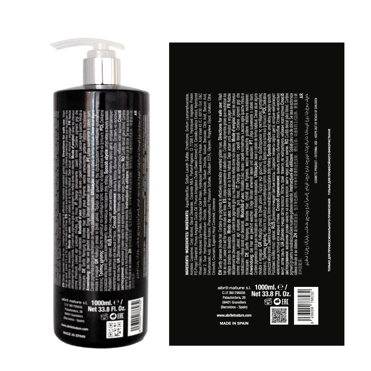 abril et nature - Champú profesional matizador de amarillos Black Carbon - Cabellos decolorados o con canas - Protege y Repara - Hidratación y Nutrición de larga duración - Suavidad y Brillo - 1000ml