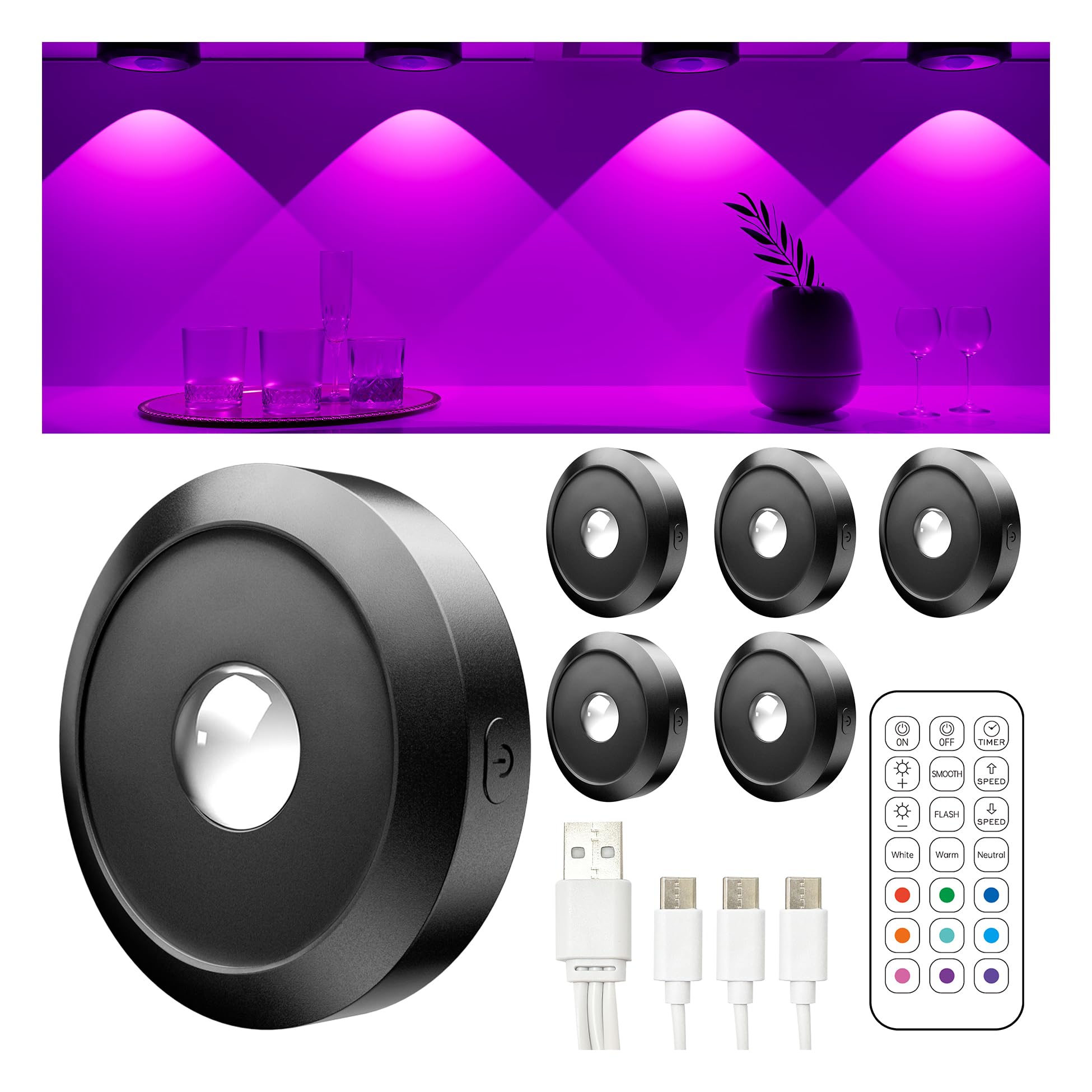 ERSDGG 6 Stück Zum Mini Spot LED Puck Lights - 1500mAh Akku, 12 Farben Lights, dimmbare & zeitgesteuerte Schrankbeleuchtung mit Fernbedienung, 3 Lights Modi, lange Batterielebensdauer, Purpur