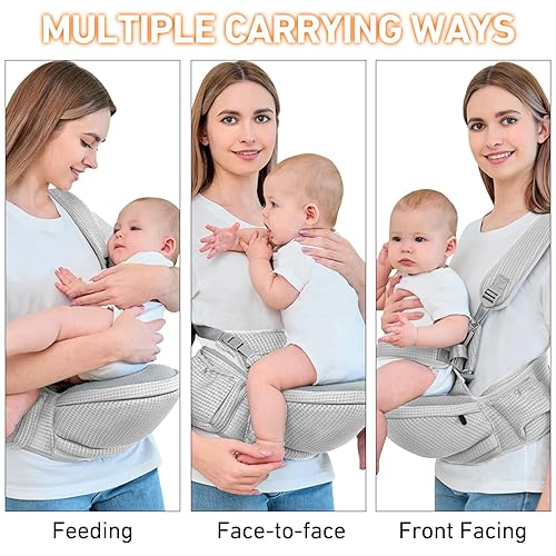 Miniatura 5 de IULONEE Asiento de cadera portabebés Mochila para niños pequeños con múltiples bolsillos desmontable para bebés, cómodo portabebés ergonómico para
