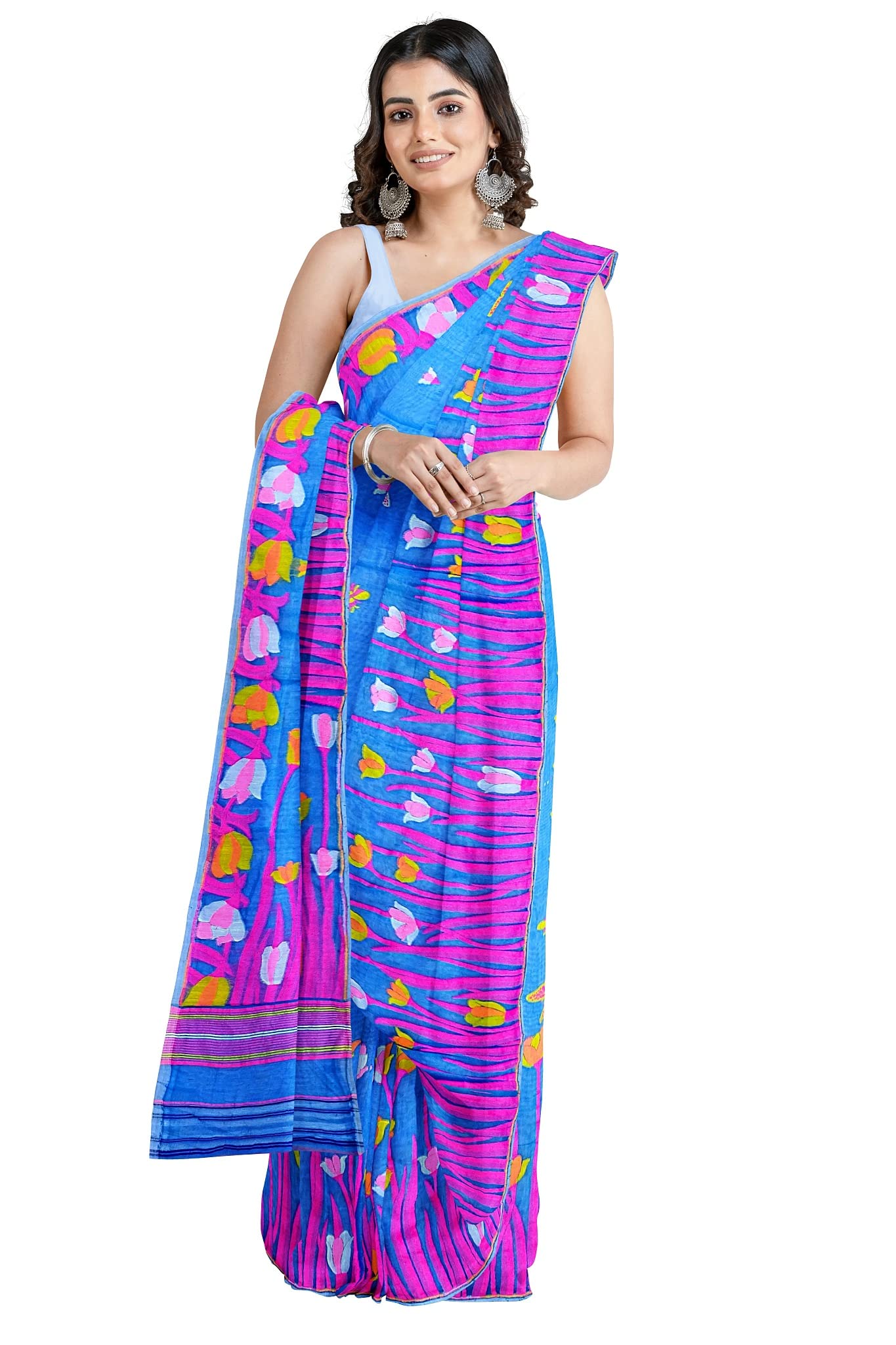 CENTORGANICDhakai Soft Jamdani Bengal saree for women, All Over Tulip weaving Design, Sky Blue