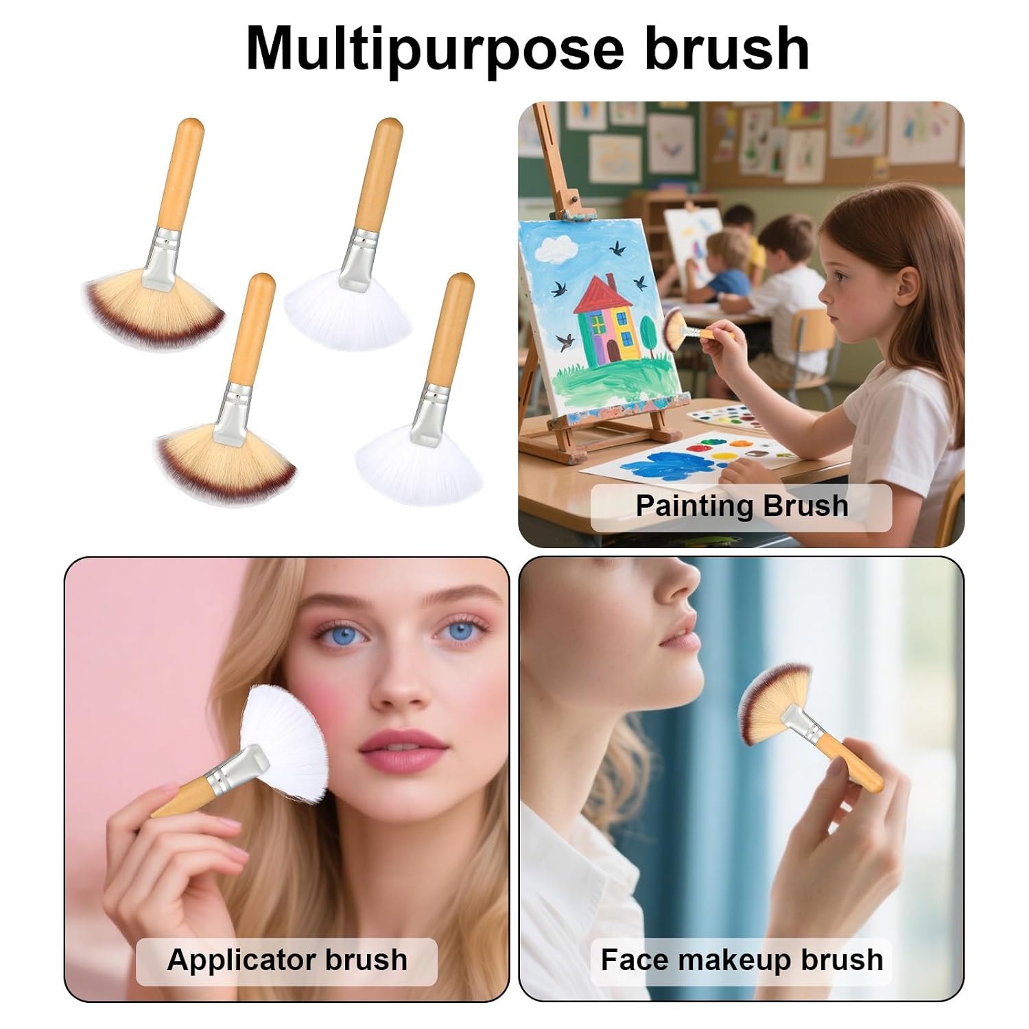 4pcs Facial Fan Brush, Soft Fluffy Fan Makeup Brush for Highlighter Blush Esthetician Facial Makeup Tool for Women