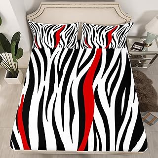 Homewish Zebra Skin Stripes Fitted Sheet Queen,Wave Lines Bedding Set 3pcs for Kids Teens Boys Girls Adult Room Decor,Geometric Abstract Bed Cover Black Red White Bed Sheet Set with 2 Pillowcases