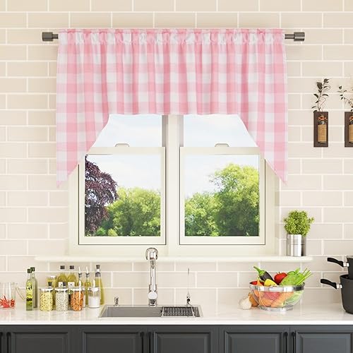 Miniatura 102 de Cortina ajustable con cenefa para ventana de cocina Buffalo Check, a cuadros, gingham, estilo granja, con bolsillo para barra, para baño, 42 x 45