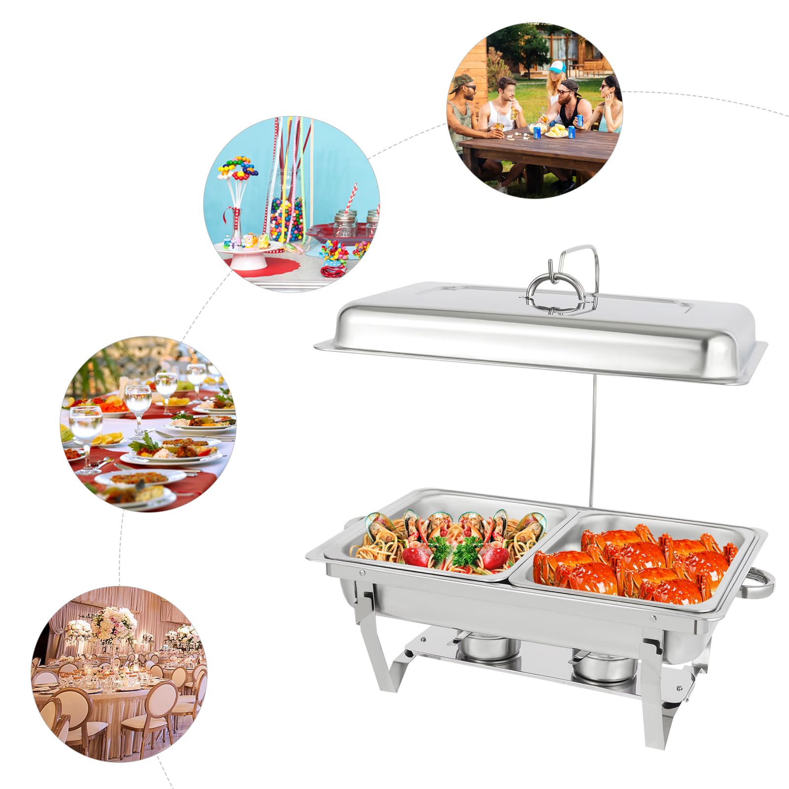 Scaldalibi da 4,5 l, contenitore termico in acciaio inox, telaio pieghevole in acciaio inox, set da buffet argento, per catering buffet e feste