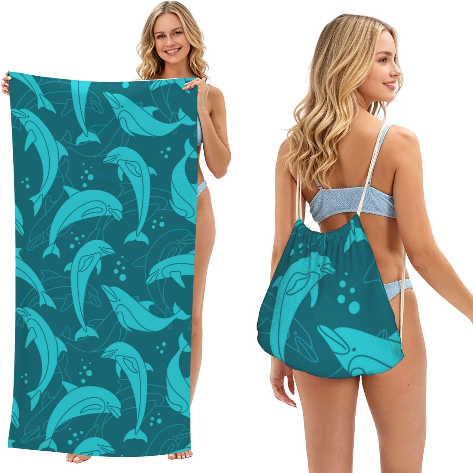 Poadnly As Picture Dolphins Pattern, 2 In 1 Packable Towel Bag, Beach Towels With Drawstring Backpack For Travel Holiday Camping