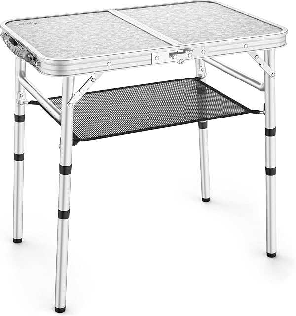 Sportneer składany stół kempingowy z regulacją wysokości, z siateczką, 60 x 40 cm, składany stół kempingowy z aluminiowymi nogami, na kemping, piknik, plażę, podwórko