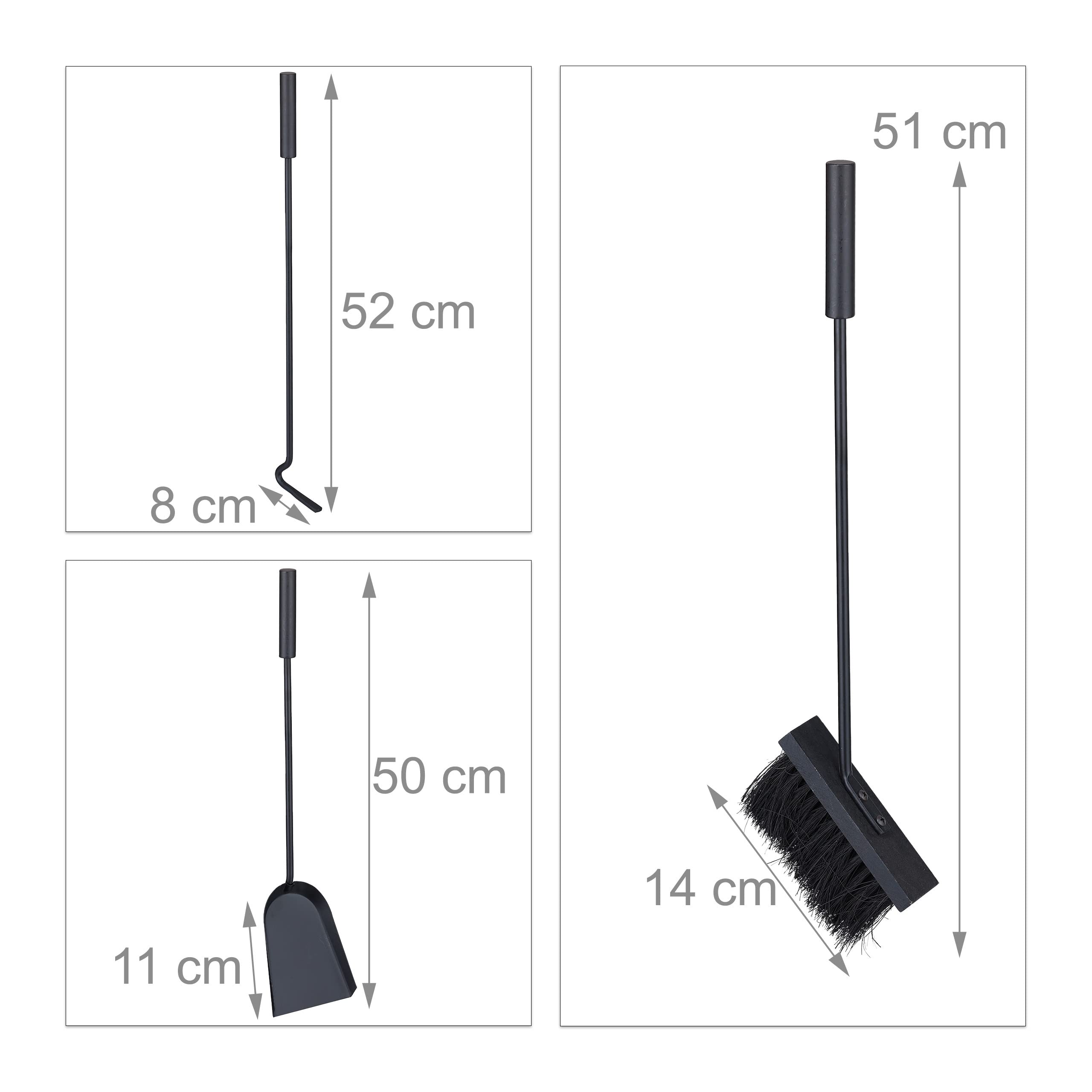 Relaxdays Kaminbesteck, modern, 4-teilige Kamingarnitur mit Schürhaken, Ascheschaufel, Kaminbesen & Ständer, schwarz