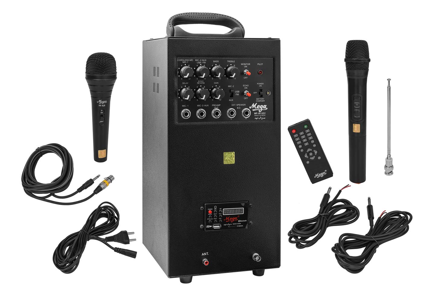 MEGA Smart 80 Watt Portable System with Echo; UHF Cordless Mike Bluetooth and Sound Manager Android/iOS App