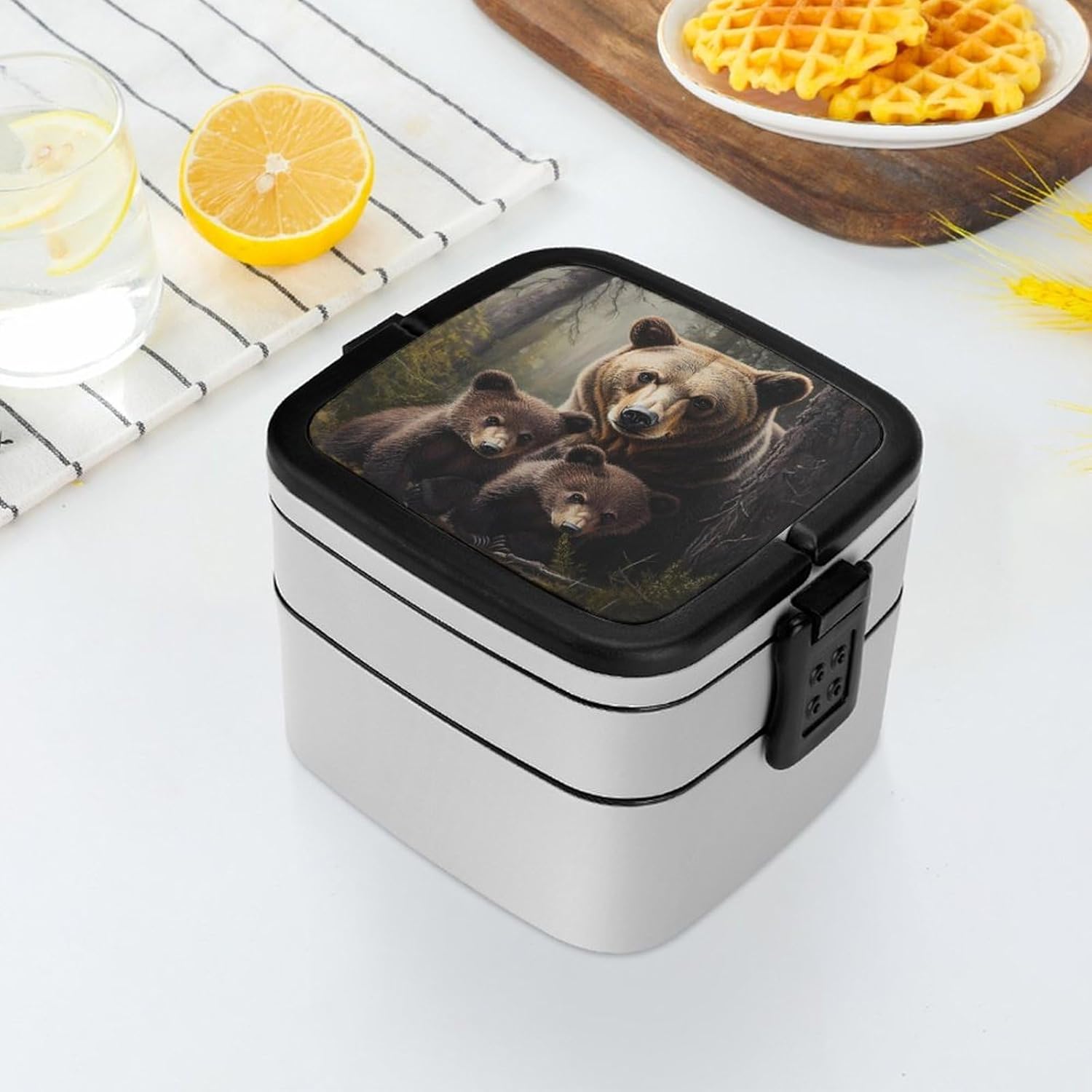 Bear Family Bento Box with Spoon 2 Layer Food Container Cute Lunch Box for Travel Dining Work