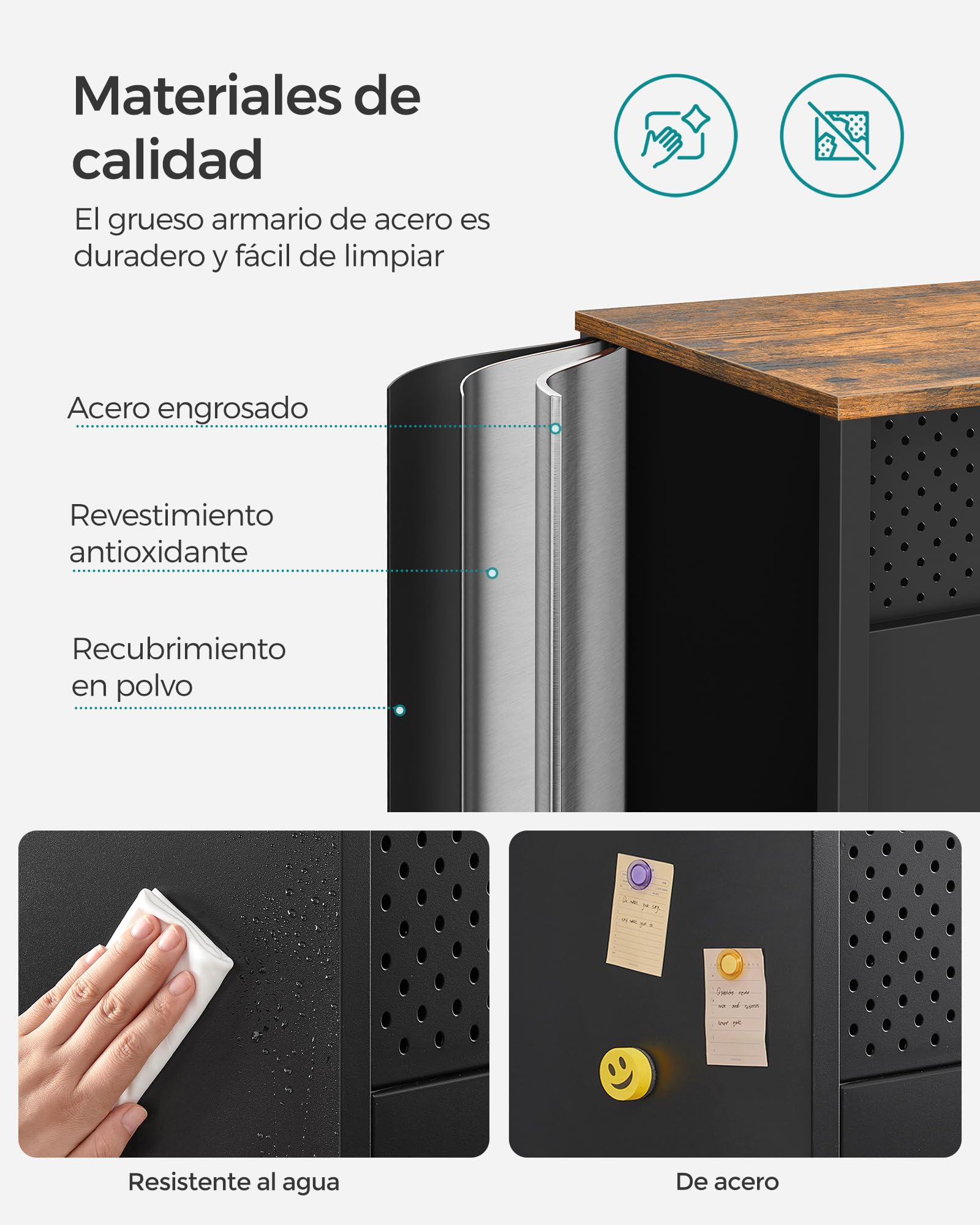 SONGMICS Armario de Almacenamiento, Aparador de Metal, Doble Puerta Magnética, Estante Ajustable, Marco de Acero, 40 x 80 x 76 cm, Marrón Rústico y Negro LSC102B01