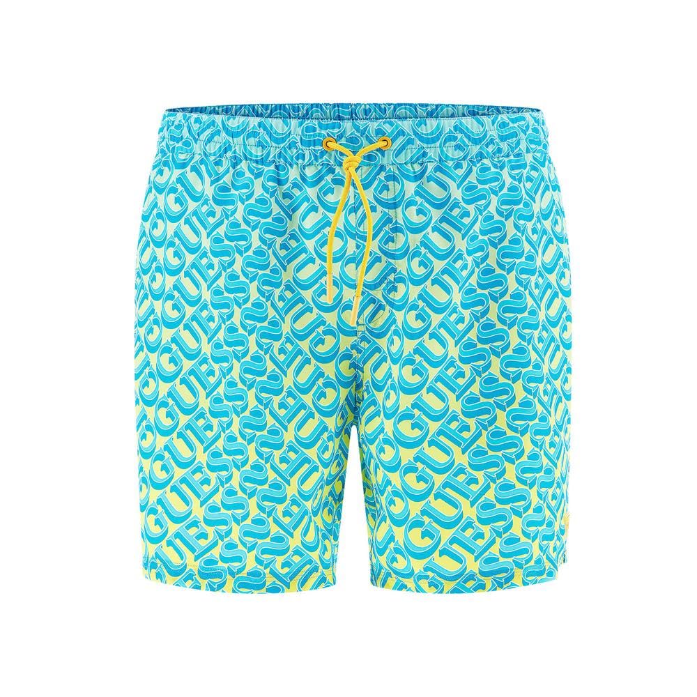 GUESS Men's Standard Swim Trunk Medium Logo AOP, Lime Blue Thousand Shade