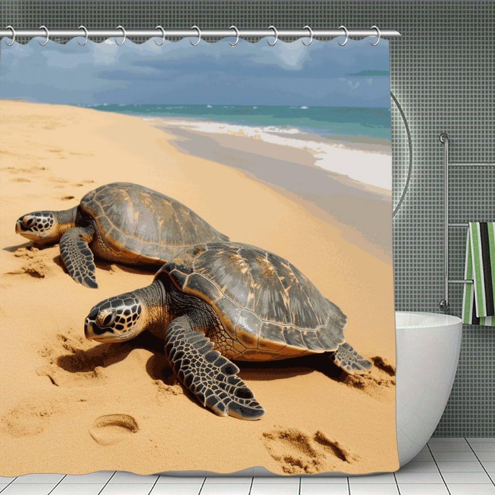 FekiLoot Turtles on The Beach Shower Curtain with Hooks Modern Farmhouse Bathroom Curtain Waterproof Cloth Bath Curtains Cute Washable Blackout Privacy Curtains for Bathroom Bathtub 70.8"x70.8"