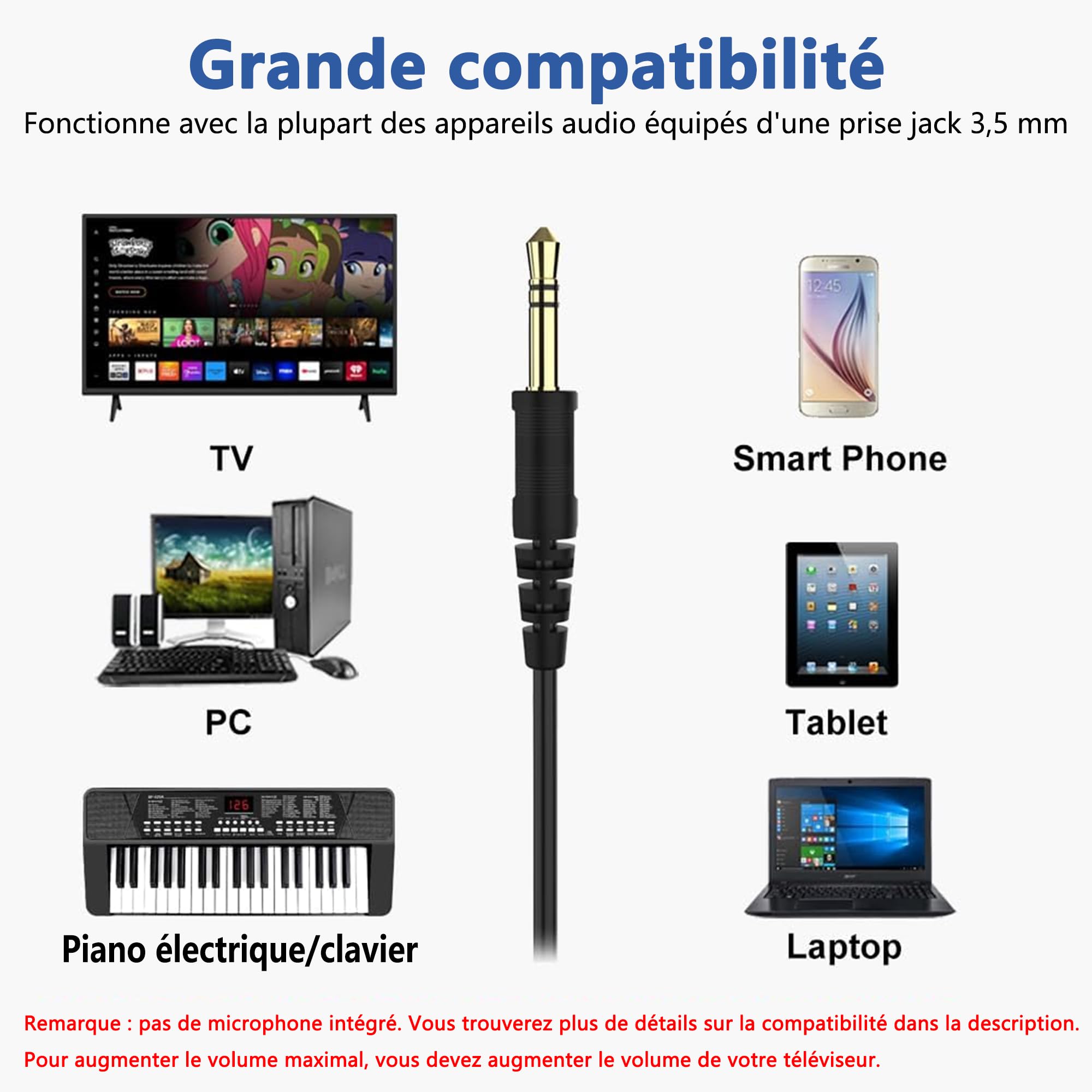 19.5 ft / 6 m extra long cable headphones for TV PC with volume control, spring spiral cable, 3.5 mm AUX, wired over-ear headphones for seniors hard of hearing people, large comfortable computer