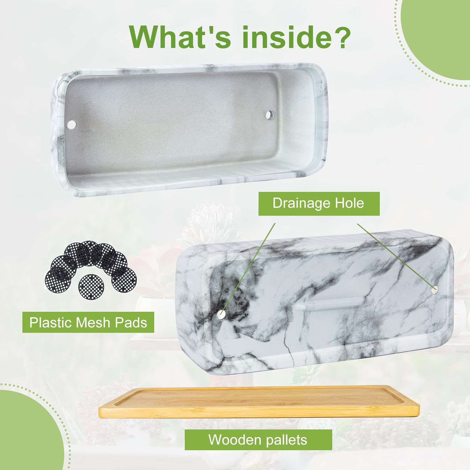 Succulent Pots - 12'' Long Rectangular Planter for Indoor Plants, Shallow Marble Windowsill Planter for Cactus & Bonsai, Ceramic Flower Plant Pots with Drainage Tray Decorative Window Box Planter