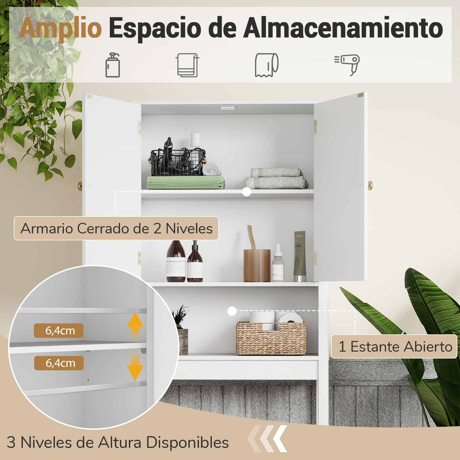 GIANTEX Mueble Organizador sobre Inodoro, Armario de Pie con 2 Puertas y 1 Compartimento Abierto, Estante Inferior Ajustable, 60 x 23 x 168 cm, Estantería Alta para Baño, Lavadero (Blanco)