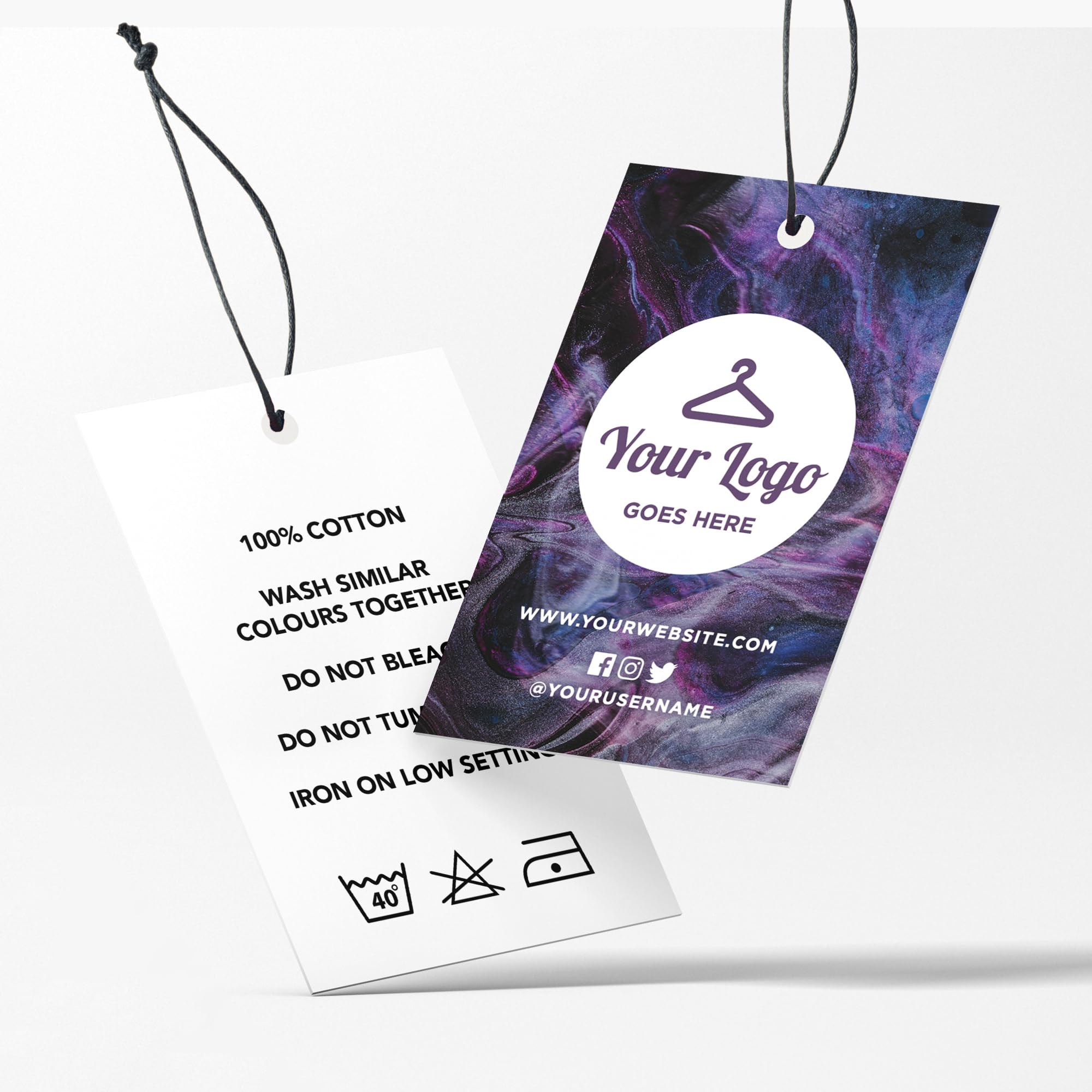 MJ DESIGN & PRINT Personalised Clothing Swing Tag Printing, 400gsm Silk Card, Double Sided Cards, Punched Hole, Abstract Design, Purple, Galaxy, Space, Sky