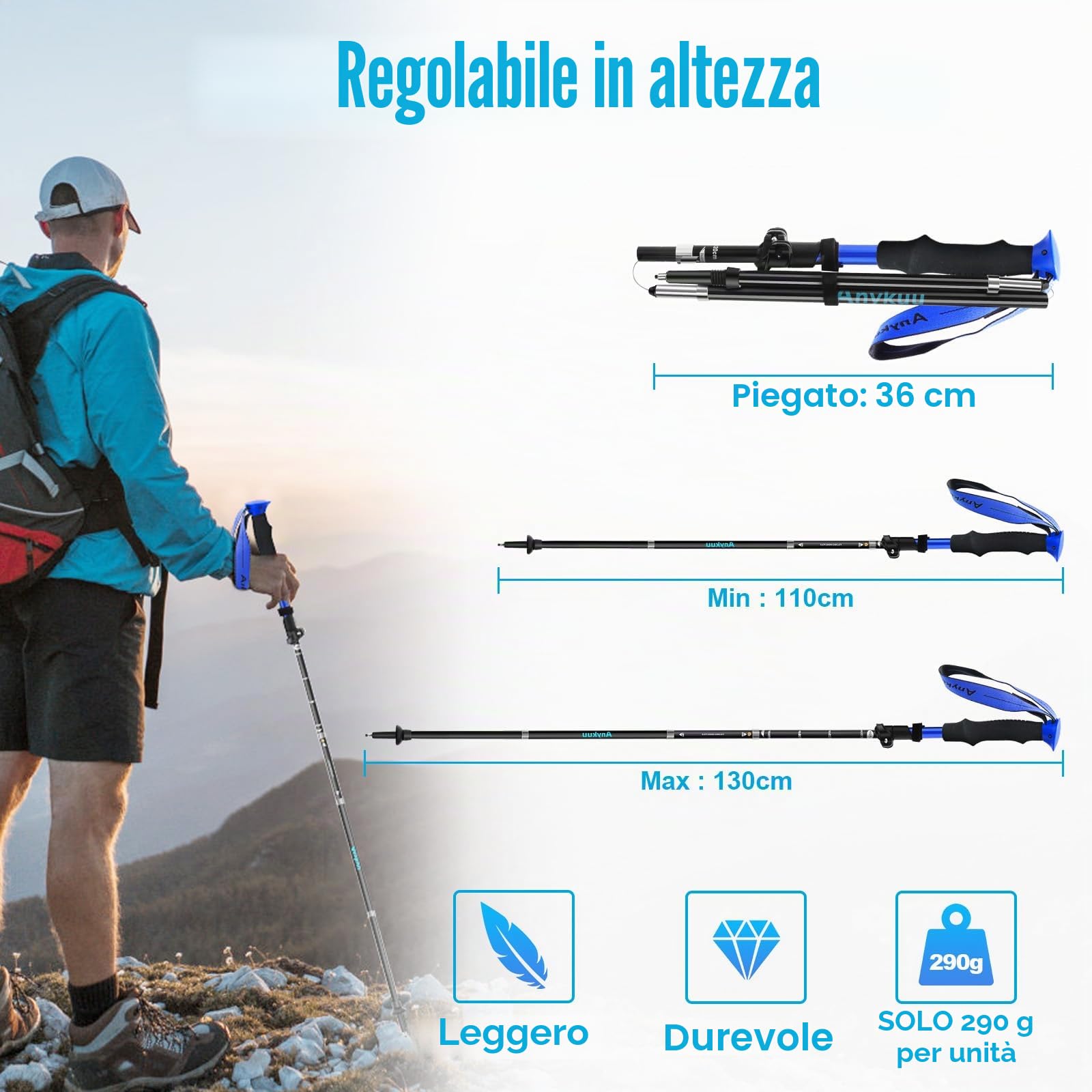 Anykuu 2 bastoncini da trekking, regolabili, 110-130 cm, in alluminio 7075, ultraleggeri, con 6 paia di accessori, per trekking e sci