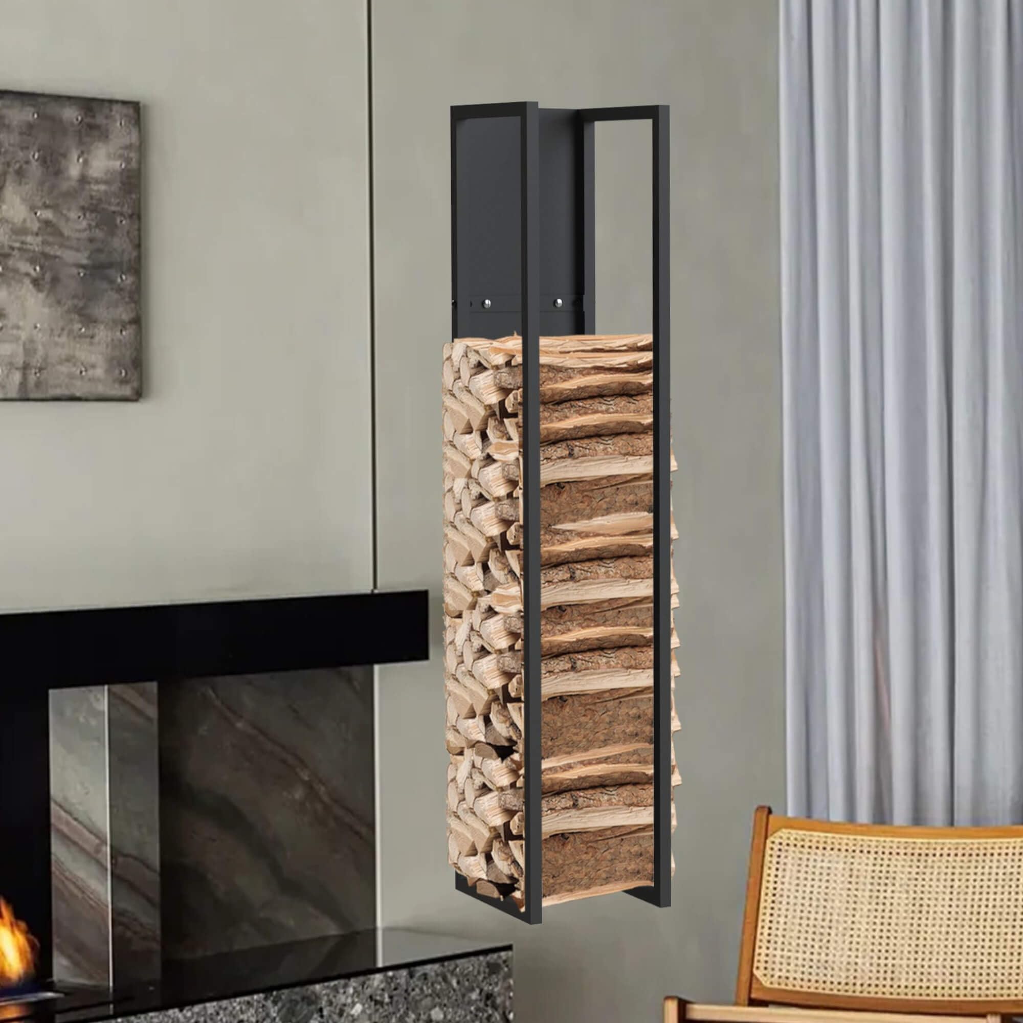 DanDiBo Regał na drewno kominkowe, do wnętrz, metalowy, czarny, stojak na drewno kominkowe, 120 cm, z tylną ścianą, wiszący kosz na drewno, stojak na drewno kominkowe (wysokość 120 cm)