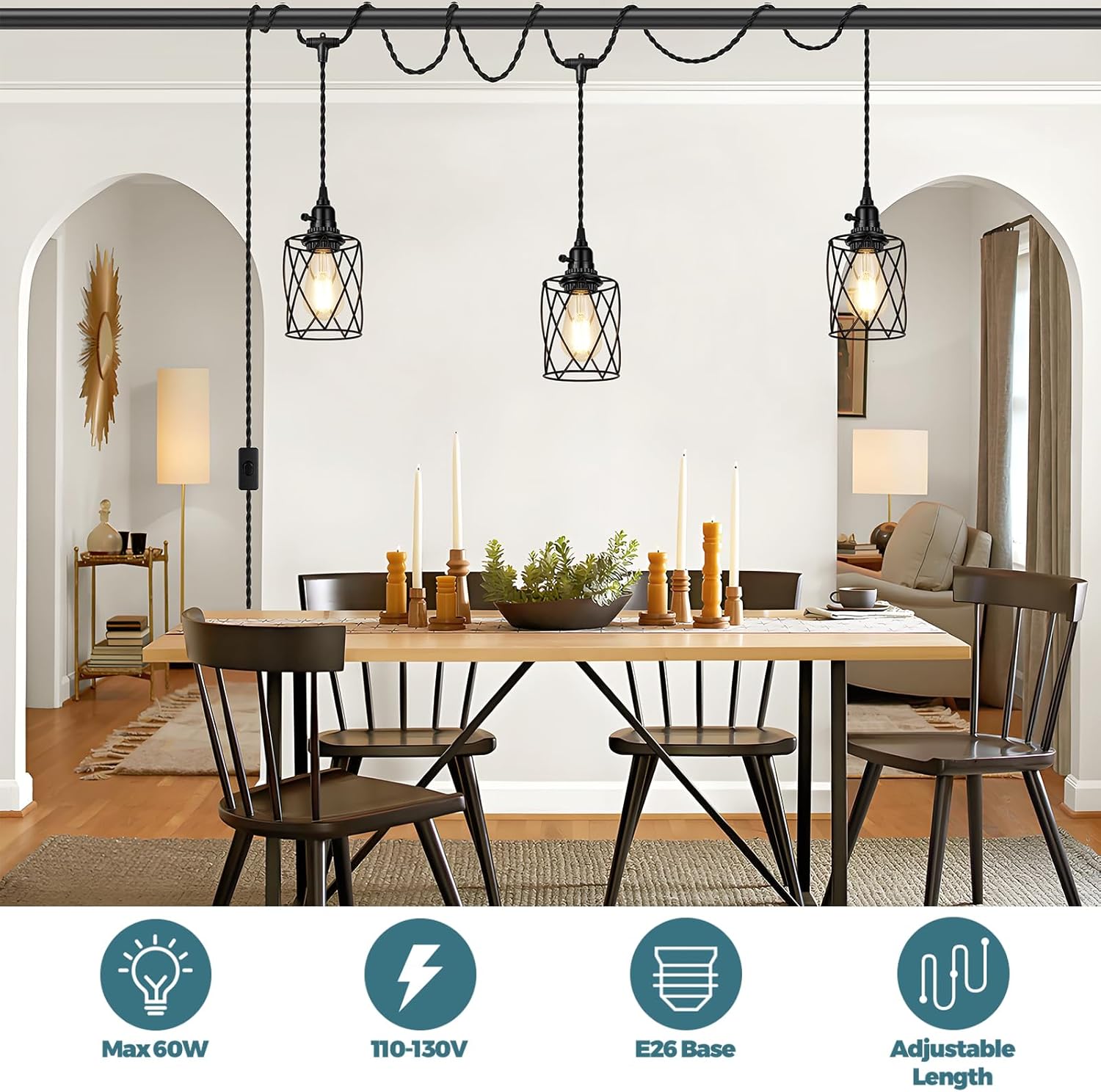 3-Light Plug in Pendant Light, 19FT Hanging Lights with Plug in Cord and On/Off Switch, Industrial Twisted Black Rope Hanging Pendant Fixtures with Metal Shade for Dining Room Kitchen Bedroom
