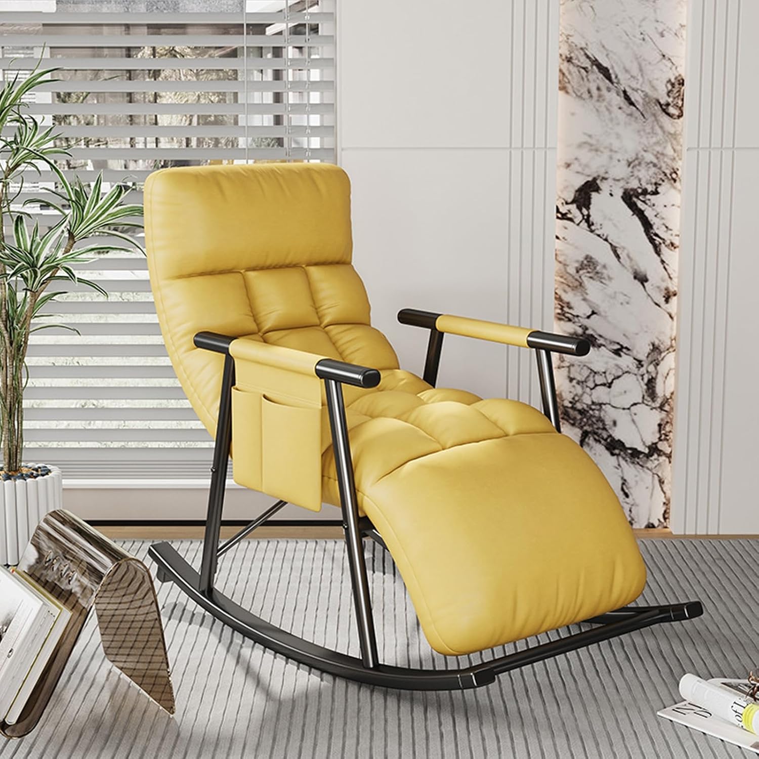 Comfortable Patio Rocking Chair for Living Room & Bedroom, Modern Adjustable Lounger with Cushions, Breathable Design, Armrests & Legrest, Yellow & Black Legs