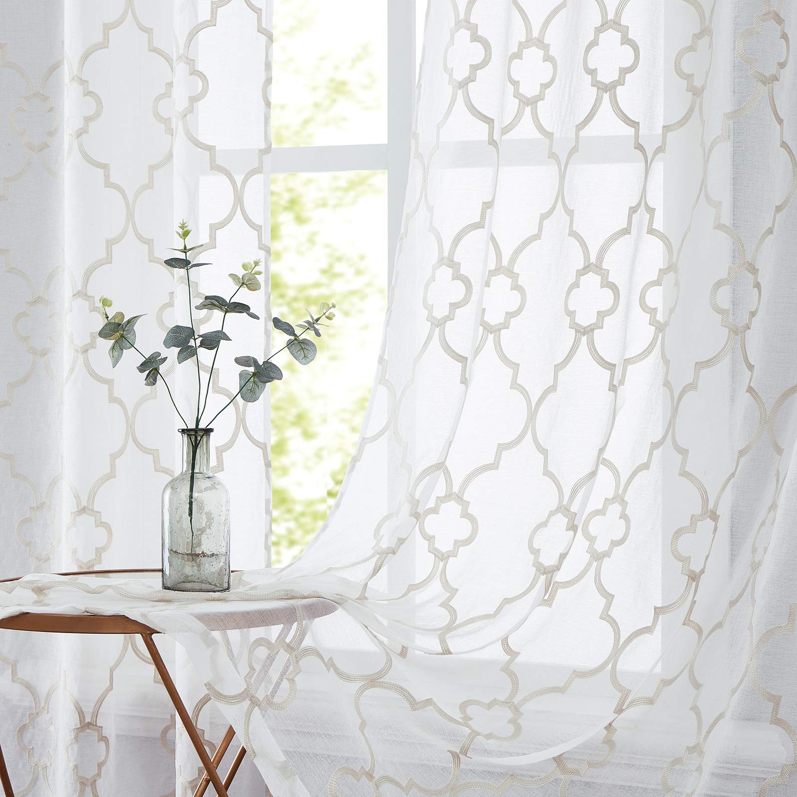 Beige White Sheer Curtains for Bedroom 84" Ivory Geometric Moroccan Embroidery Semi Sheer Curtain Panels Rod Pocket Light Filtering Lattice Tile Embroidered Window Treatment Sets for Office 52" W 2pcs