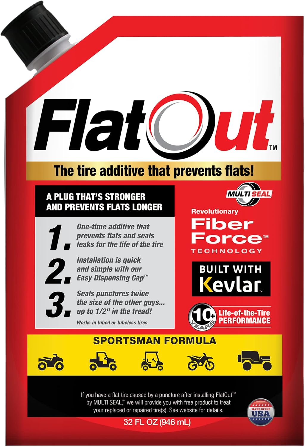 FlatOut Tire Sealant Sportsman Formula - Prevent Flat Tires, Seal Leaks, Contains Kevlar, 32-Ounce Bag, 1-Pack
