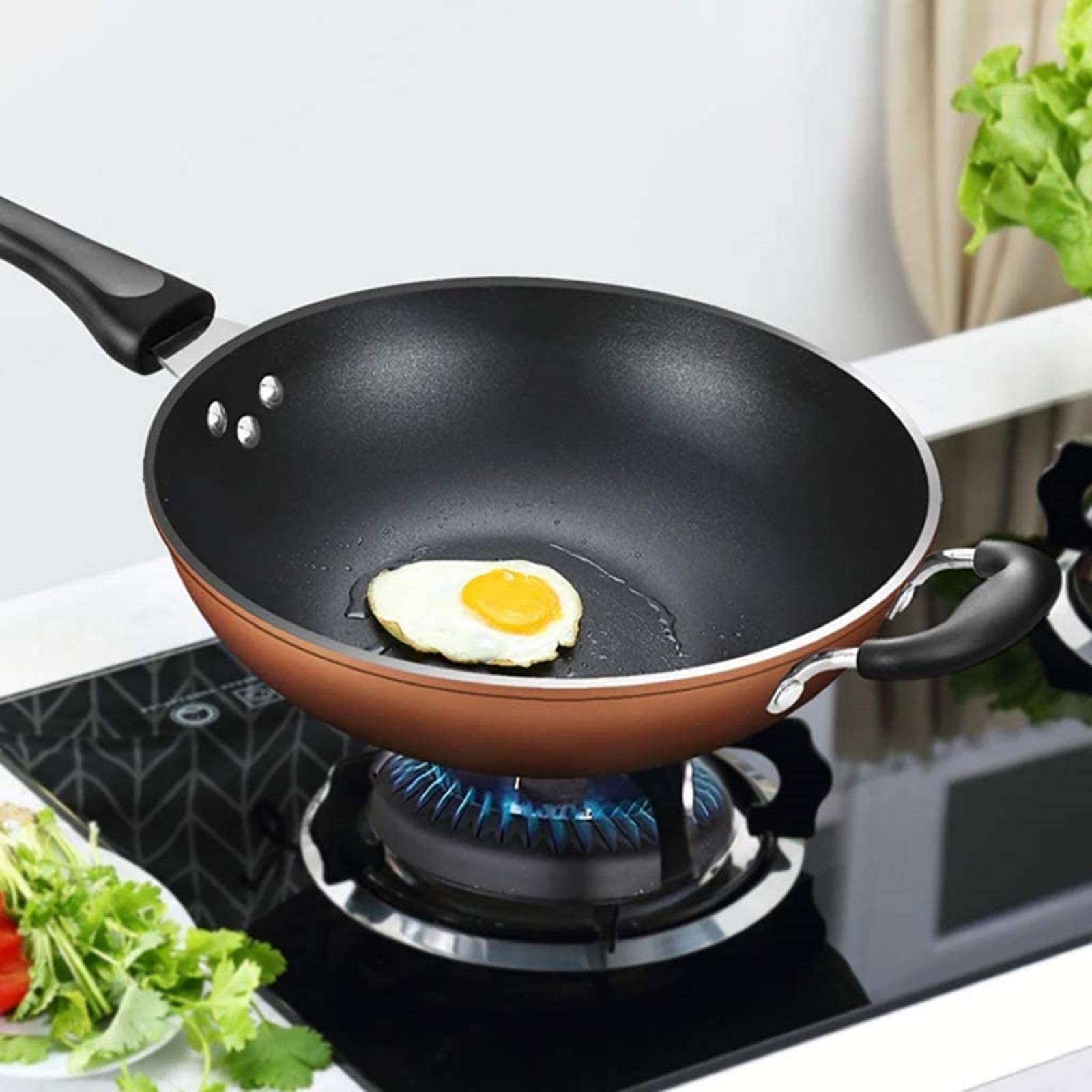 HMTE Wok Für Induktion, Schmiedeeiserner Wok, Antihaftpfanne, Induktionsherd, Kombiabdeckung/Gedämpfte Tablette, Erdgas, Gasherde Anwendbar, 34 cm (32 cm)