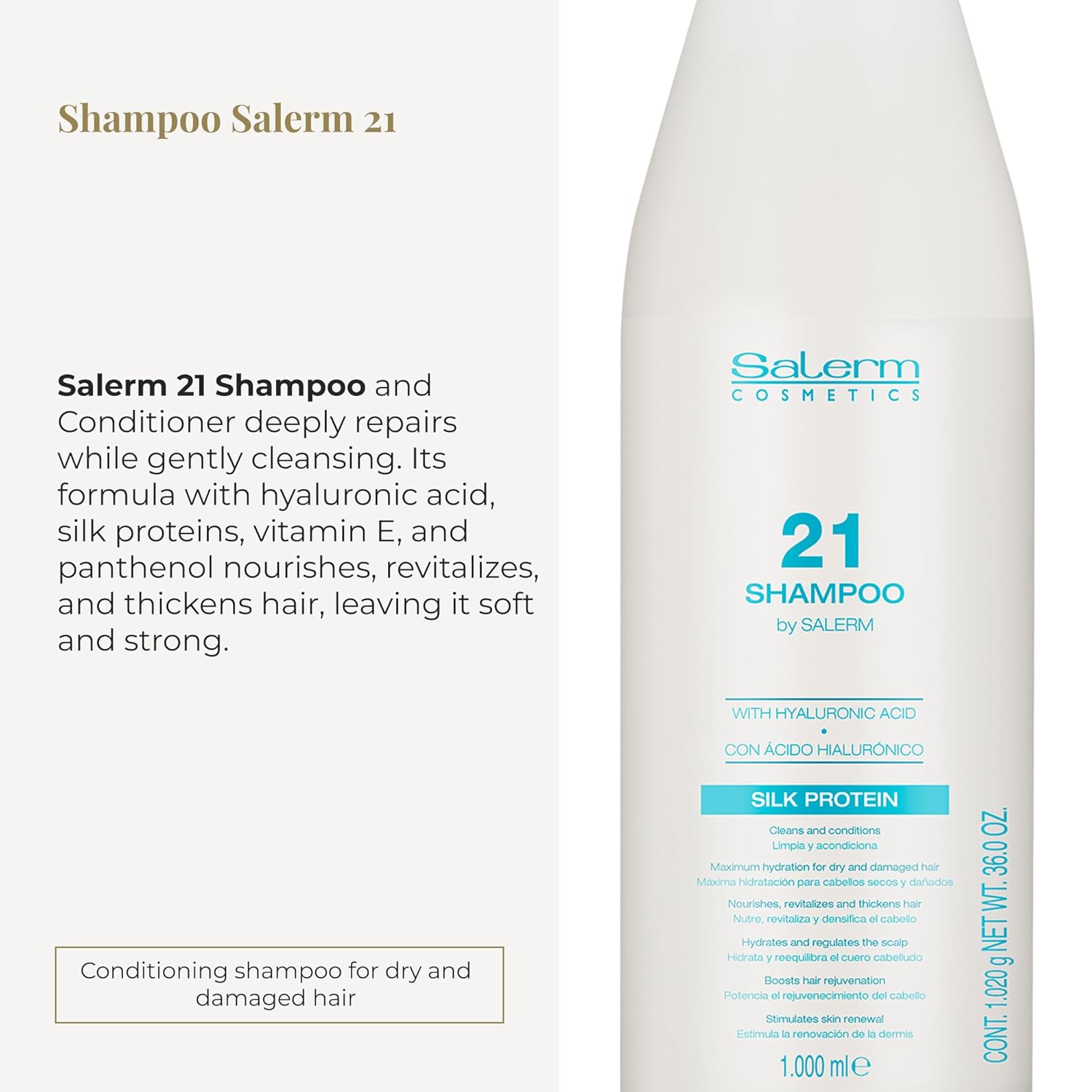 Salerm - Hydrating Shampoo 21 Silk Protein - 1000 ml - for Dry and Damaged Hair - with Silk Proteins - Nourishes, Repairs, and Revitalizes Hair - Heat Protection - Image 2