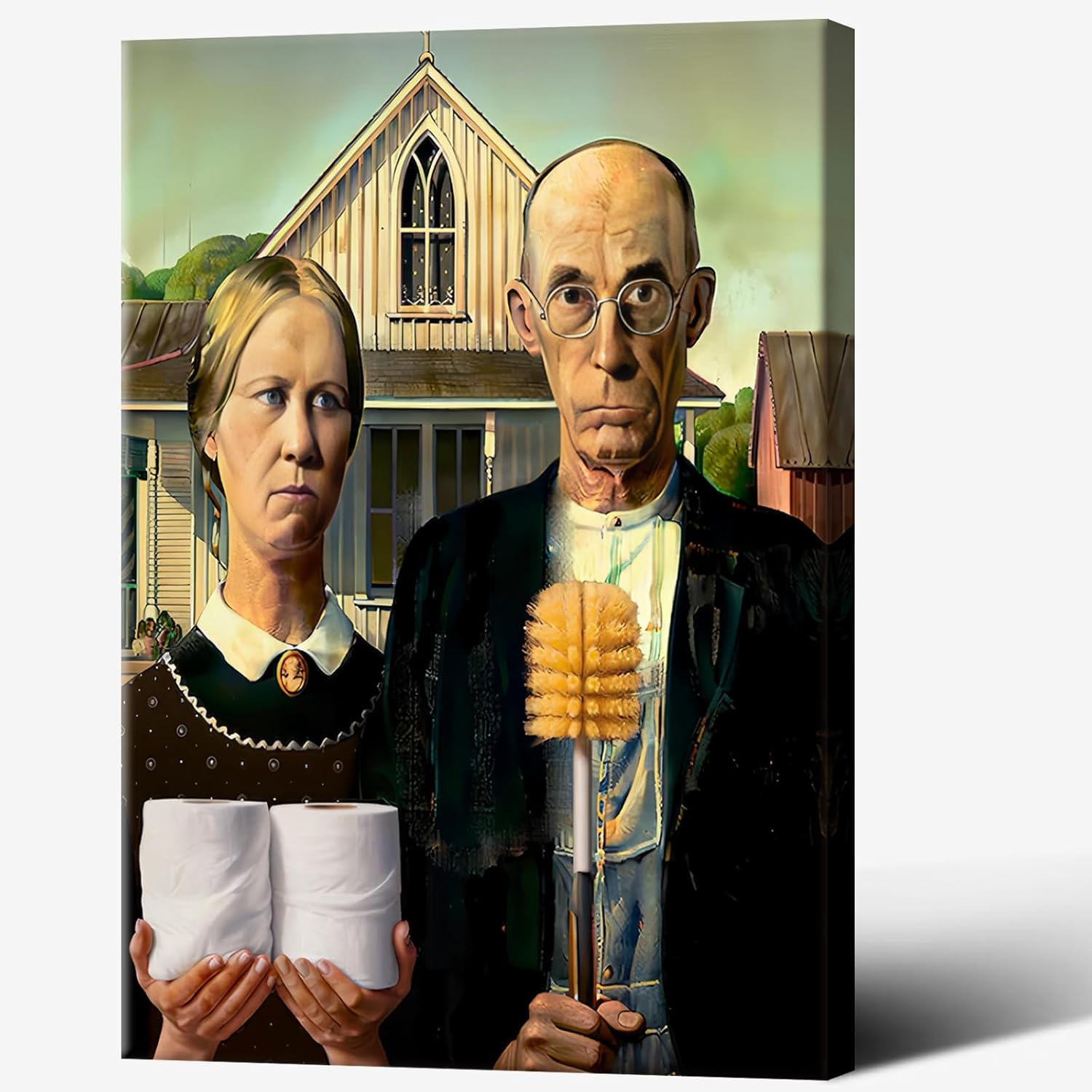 Funny Bathroom Canvas Wall Art Vintage American Gothic Toilet Poster World Famous Masterpiece Modern Home Prints Painting For Restroom Washroom Home Decoration 12x16in Wframed