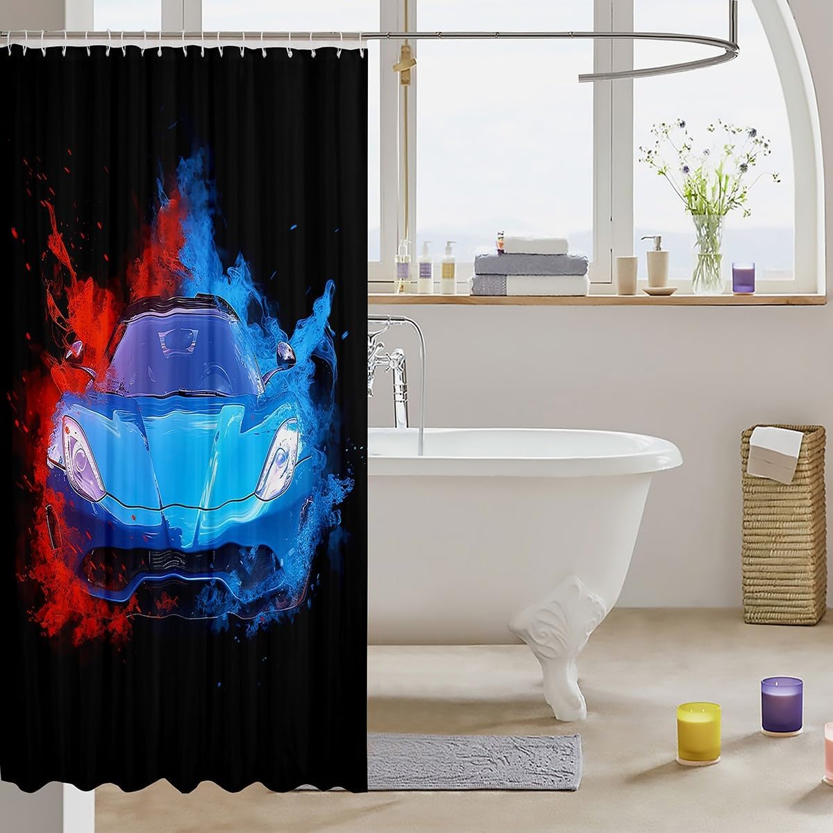 Teens Sports Car Bath Curtain Blue Race Car Shower Curtain for Boys Men, Red Blue Graffiti Splatters Waterproof Bathroom Curtain Cool Speed Racing Car Shower Accessories, Black Bathtub Decor