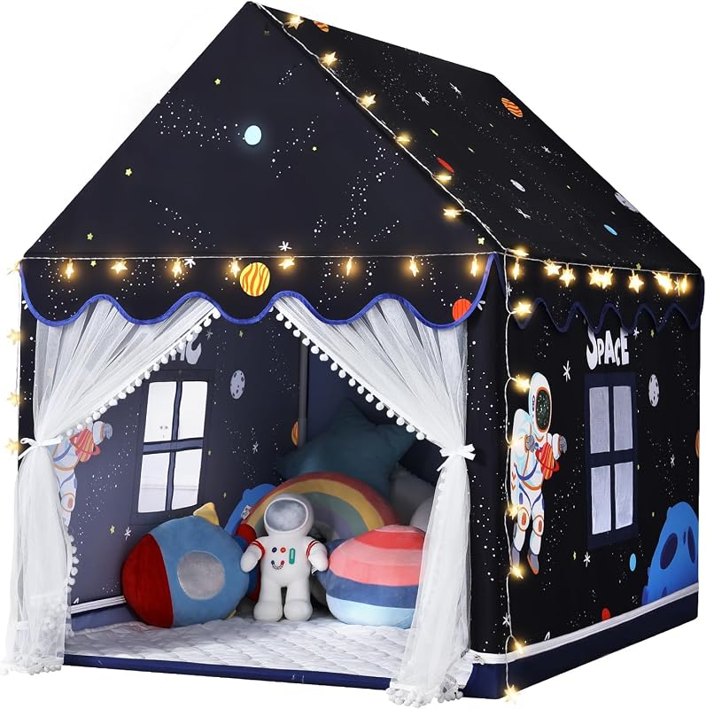 Tienda espacial para niños en interiores: con tapete - Tienda de juegos para niños Juguetes espaciales - Decoraciones para dormitorio Astronauta Cohete (Negro)