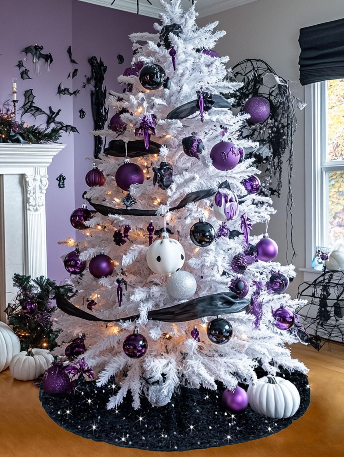 Gonna per albero di Natale viola glitterata, tappeto per albero
