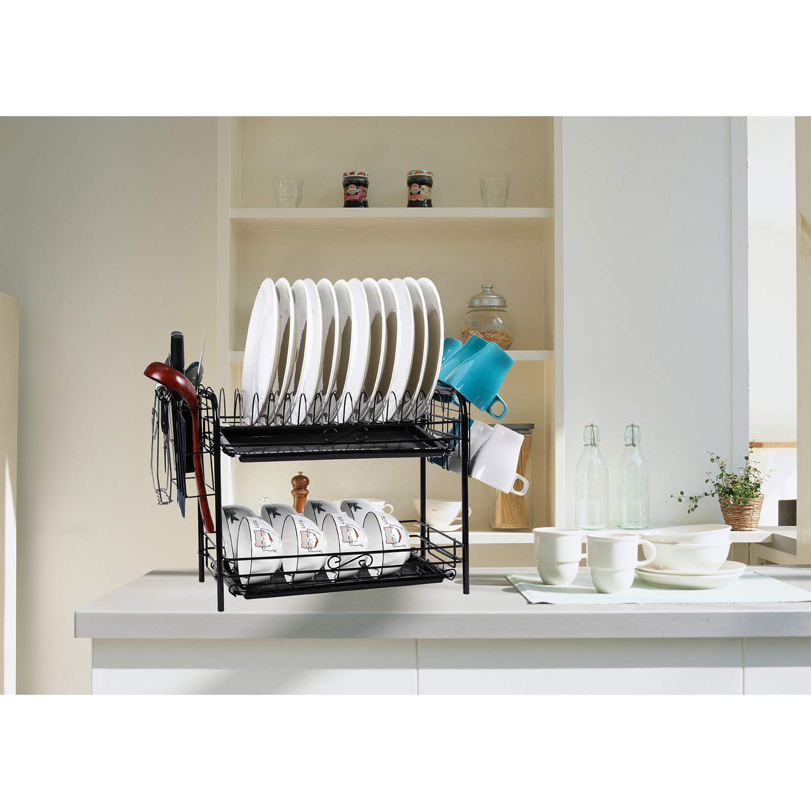 YCOCO Abtropfgestell, 2 Etagen, rostfrei, Abtropfgestell für Küche, Organizer, platzsparendes Regal mit abnehmbarem Abfluss, Utensilienhalter, Getränkehalter und Haken, schwarz