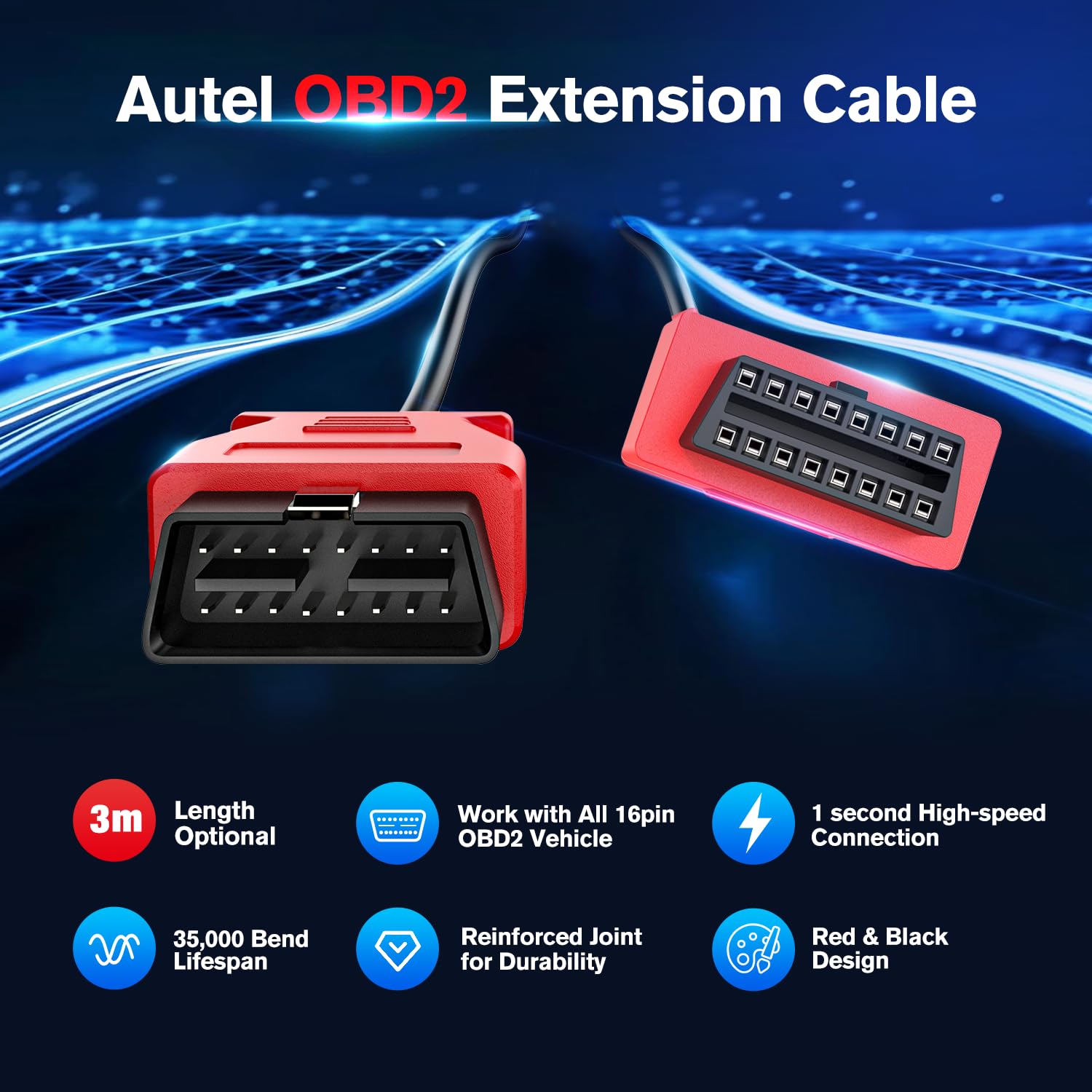 Autel OBD2 kabel przedłużający 9,8 stopy/3 m, 16-biegunowy OBDII, kabel przedłużający, wtyczka na gniazdo, adapter kablowy OBD2 do narzędzi diagnostycznych OBD II, kompatybilny ze wszystkimi pojazdami