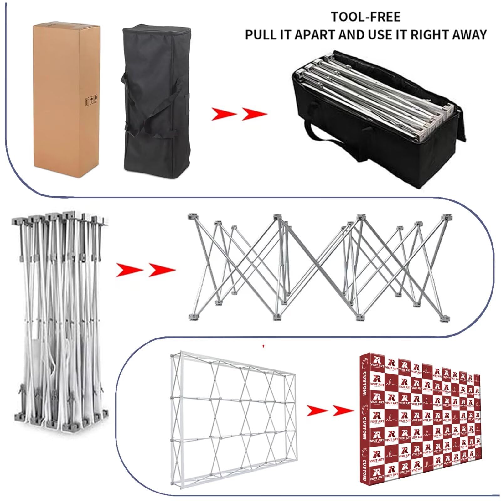 Tragbarer Pop-Up-Präsentationsständer, 2,5 x 3 m, Aluminiumrahmen, Messeständer, großer Spannstoff, Präsentationsständer für Geschäfte, Einkaufszentren, Campus, Hochzeiten, Unternehmen