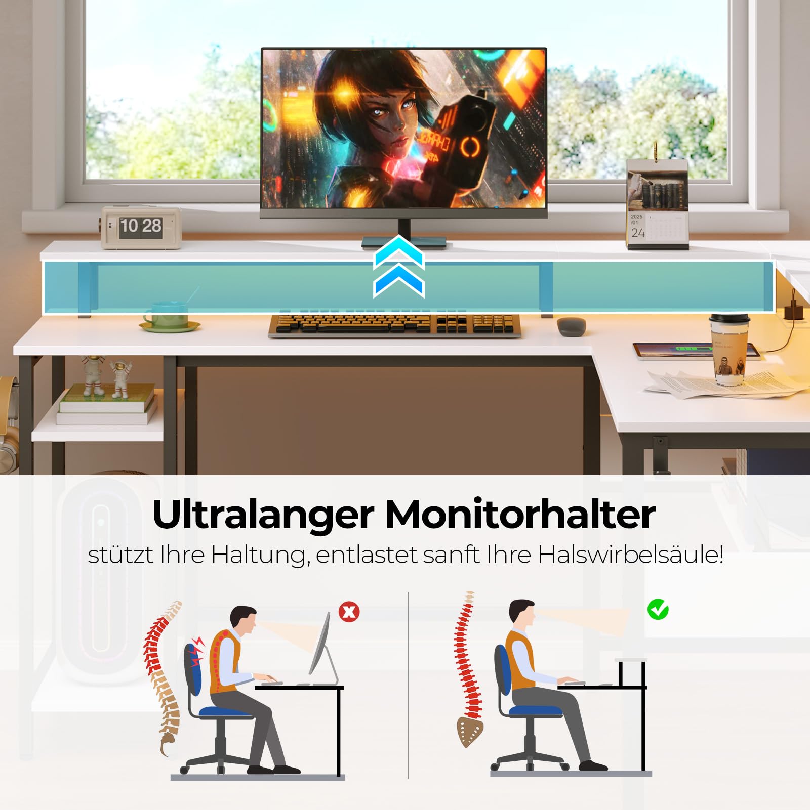 Rolanstar Gaming Schreibtisch L Form mit LED & Steckdosen, Gaming Tisch mit Monitorständer & Ablagefläche, Eckschreibtisch mit 2 Haken, Reversibler Computertisch Groß für Büro(weiß, 137 x 108cm)