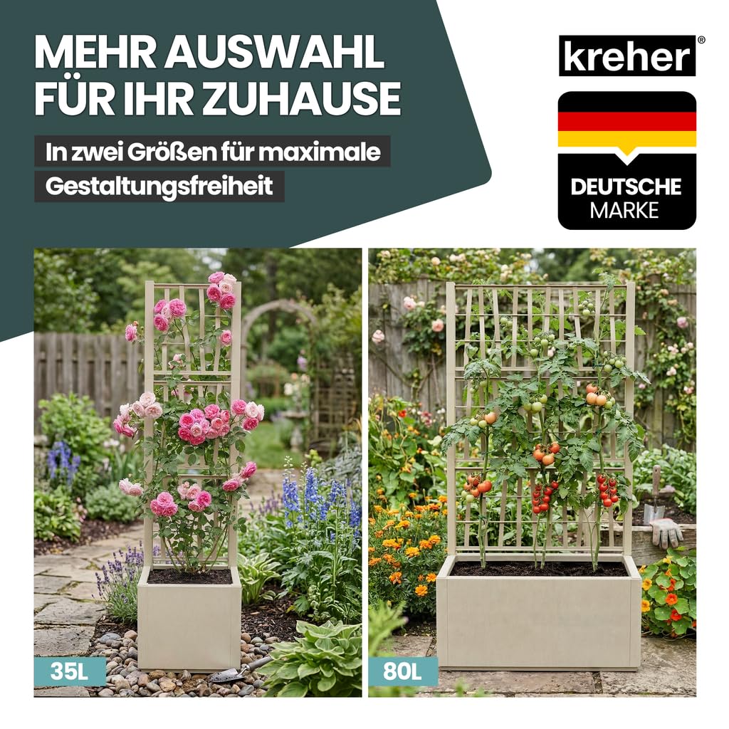 2 x Kreher® XL Rankgitter, Spalier mit Pflanzkasten aus robustem Kunststoff. Maße BxTxH in cm: 80 x 36 x 140 cm. Top für Garten, Terrasse und Balkon! (Beige)
