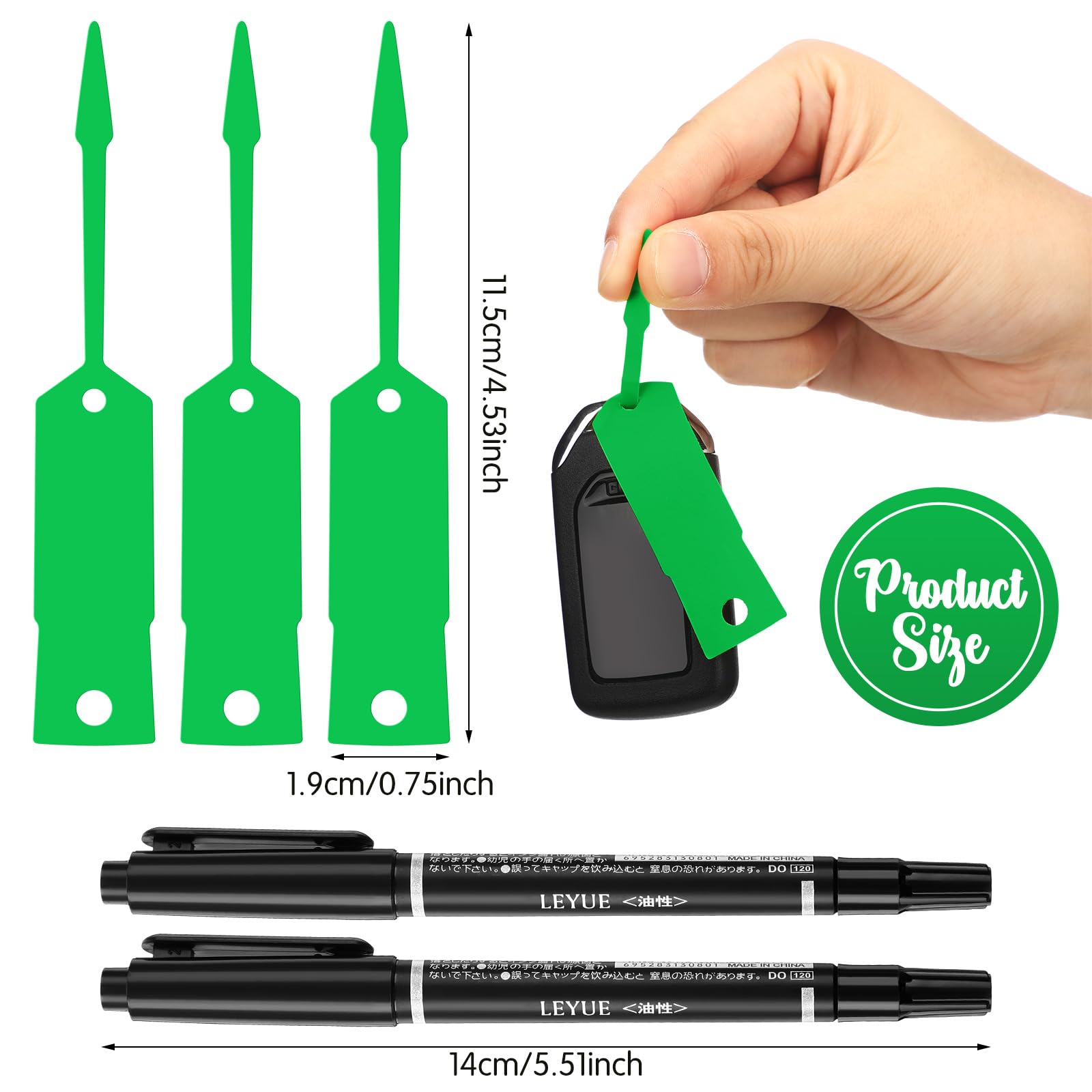 Woanger Lot de 2 000 étiquettes autobloquantes pour clés de voiture avec 5 stylos noirs pour fournitures de bureau et de magasin automobile (11,4 x 1,9 cm, vert)