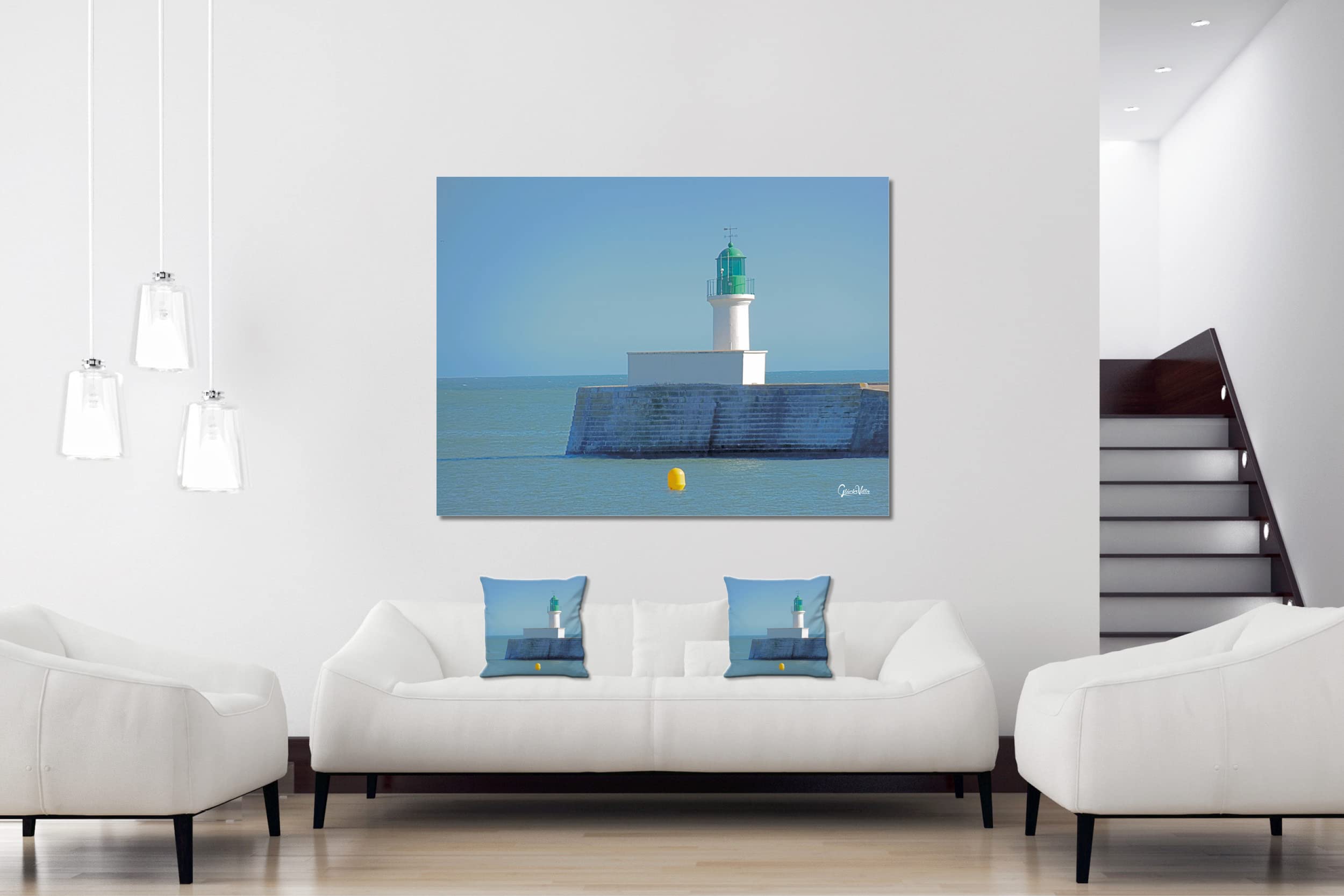 Leuchtturm 2 - Foto-Kissen-Hülle Set (2 STK.) 40 x 40 cm | Kissen-Bezüge - passend zu Wandbild - Deko-Kissen - Frankreich Meer Küste Strand Hafen