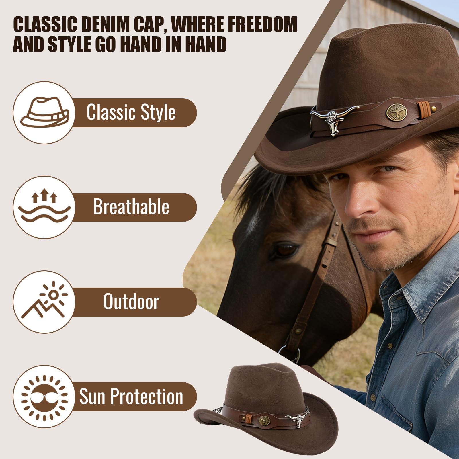 Sombrero de vaquero occidental para hombre y mujer, sombrero de gamuza ajustable suave para vaquera, sombrero de vaquero para exteriores, sombrero de vaquero con ala ancha, color marrón, marrón, L