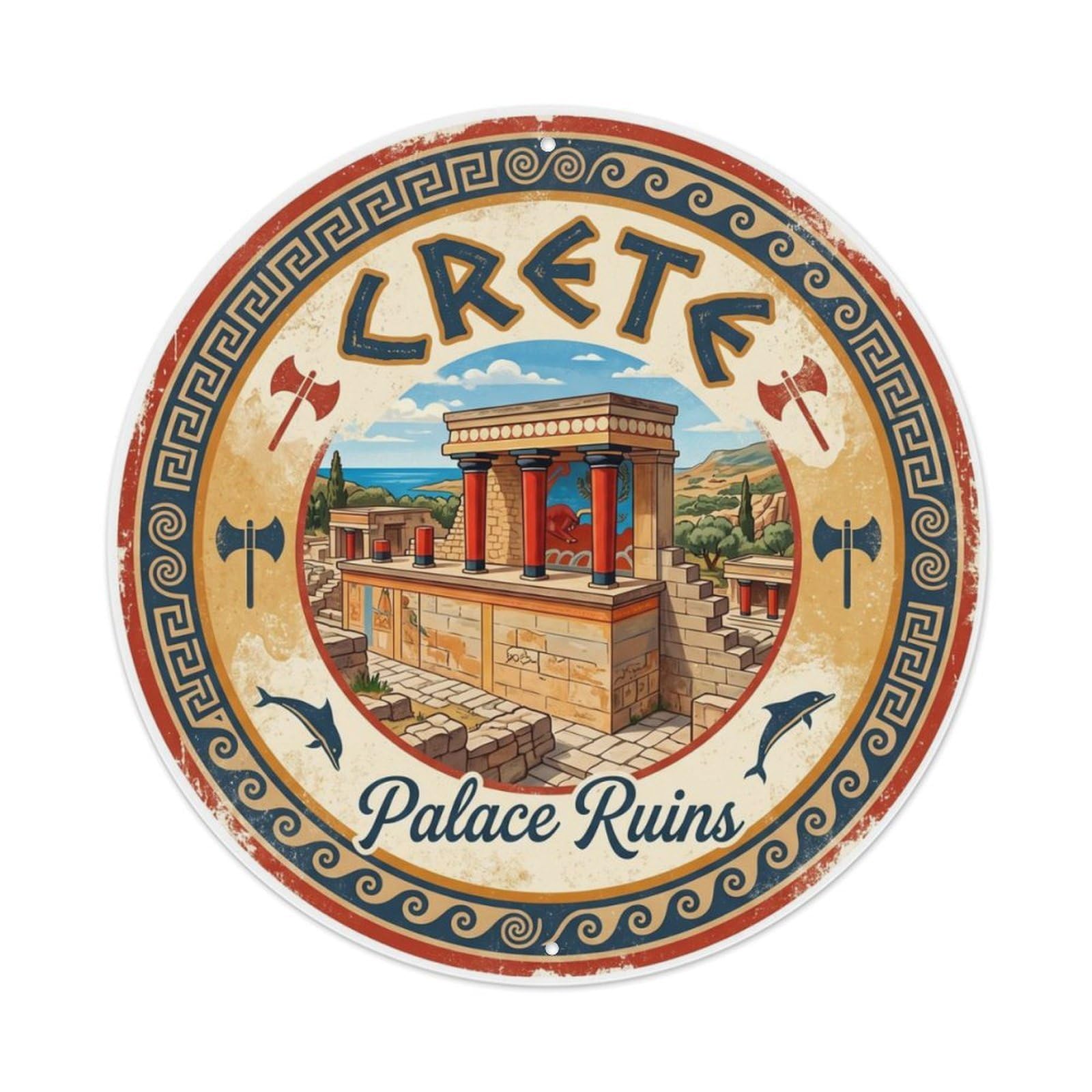 Vintage Travel Knossos Minoan Palace Metal Tin Sign Plaque Wall Decor for Cafe, Club, Garden Round Metal Poster 8x8Inch